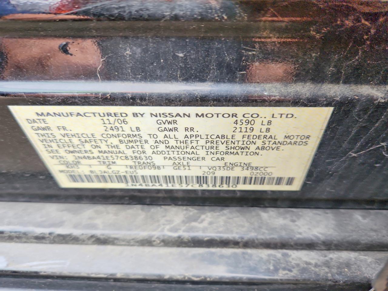2007 Nissan Maxima 3.5 Se Black vin: 1N4BA41E57C838630