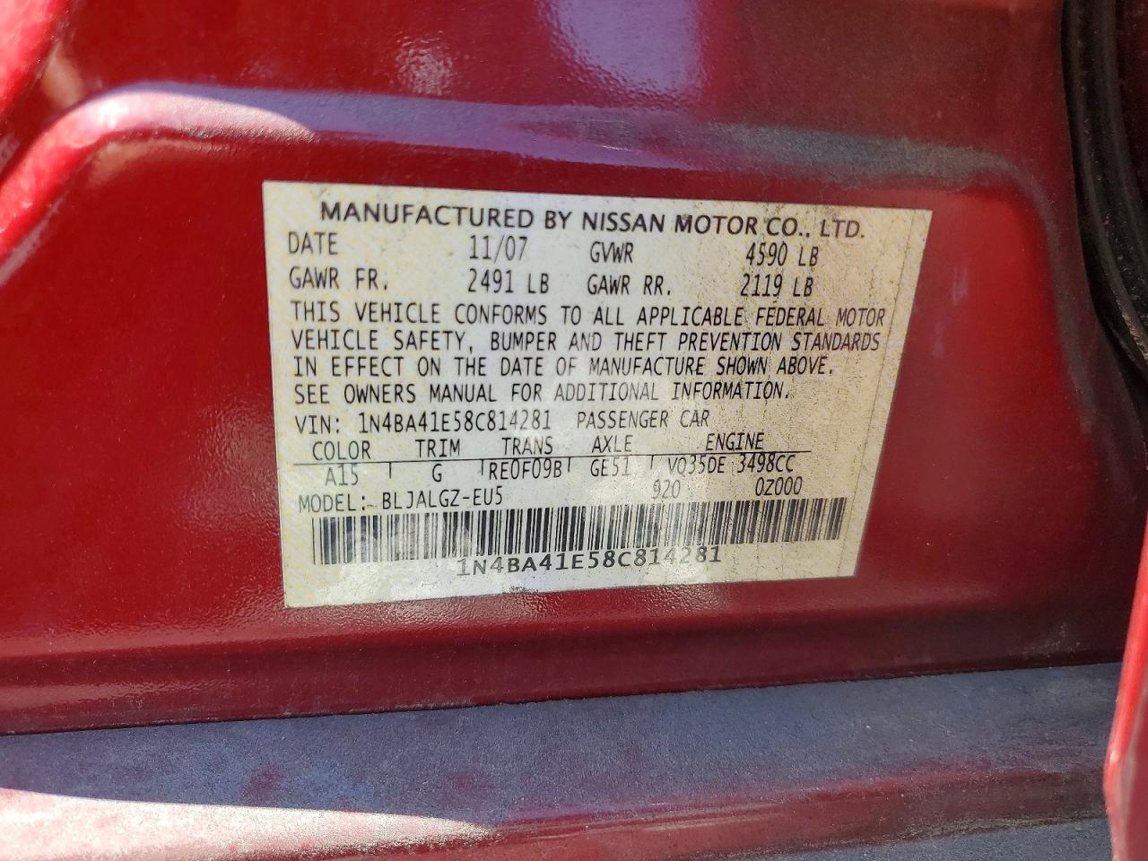 2008 Nissan Maxima 3.5 Se Красный vin: 1N4BA41E58C814281