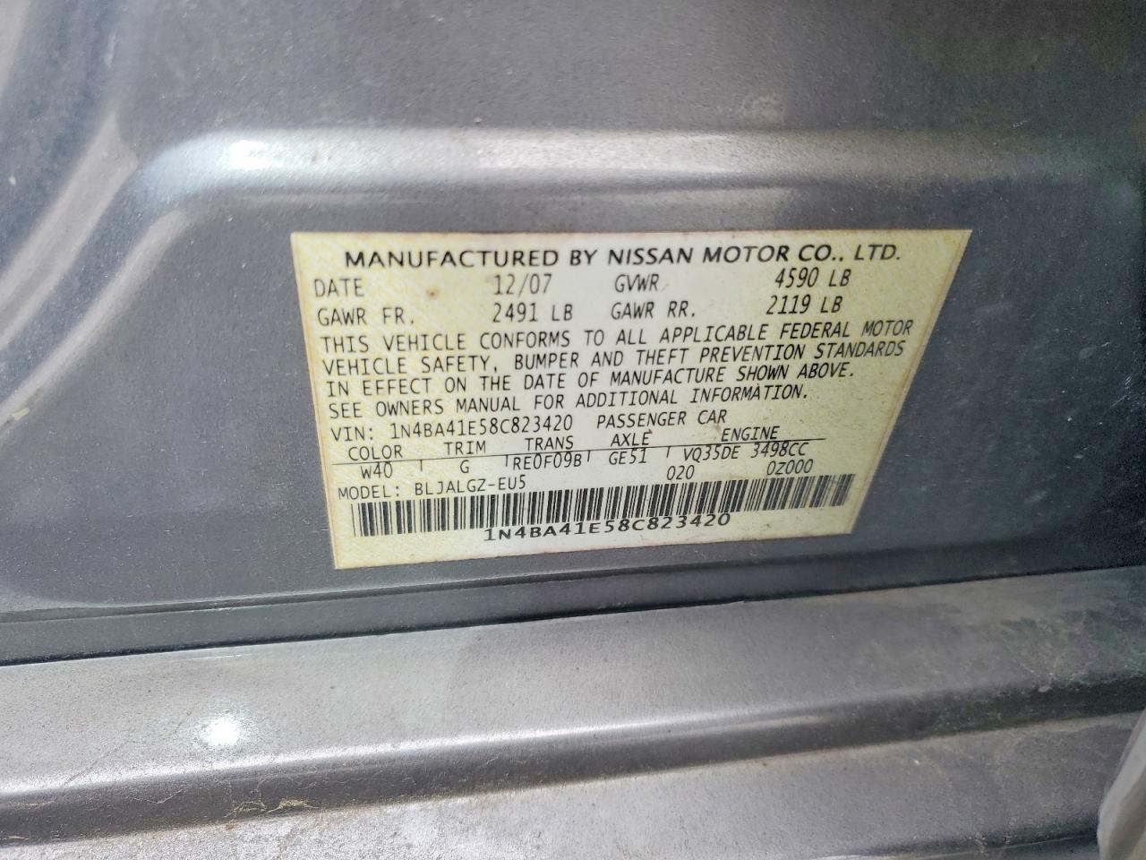 2008 Nissan Maxima 3.5 Se Gray vin: 1N4BA41E58C823420
