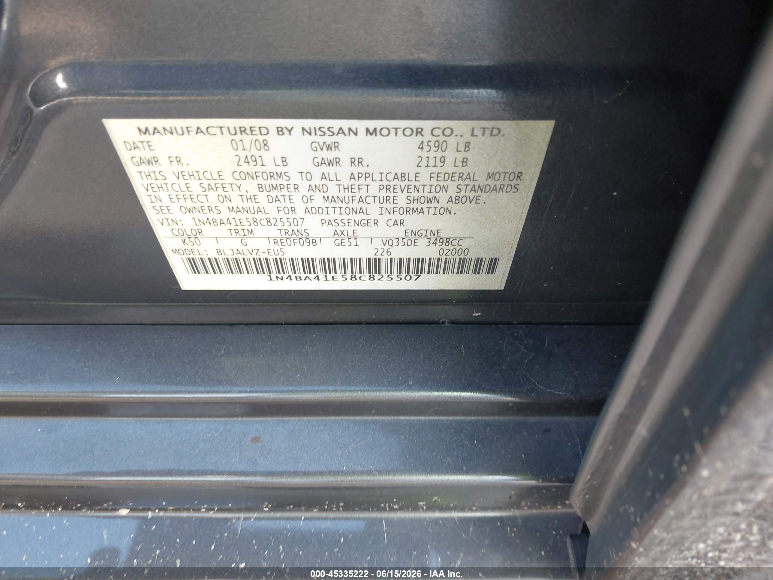 2008 Nissan Maxima 3.5 Se Gray vin: 1N4BA41E58C825507