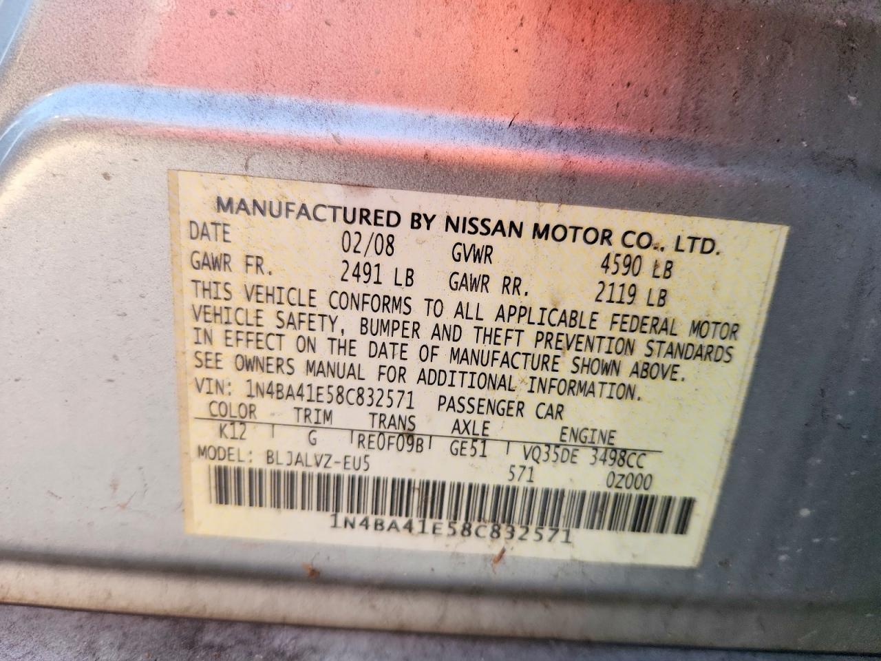 2008 Nissan Maxima 3.5 Se Silver vin: 1N4BA41E58C832571