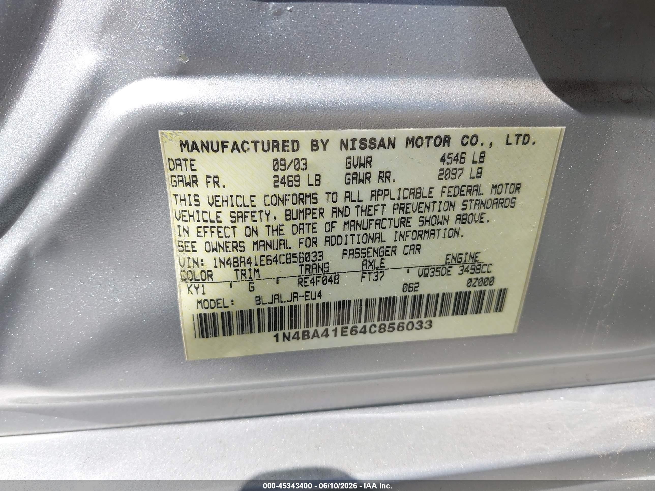 2004 Nissan Maxima 3.5 Sl Silver vin: 1N4BA41E64C856033