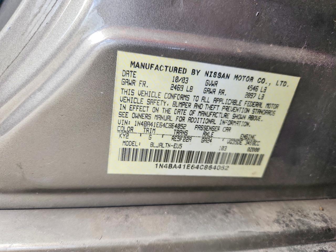 2004 Nissan Maxima 3.5 Se Желто-коричневый vin: 1N4BA41E64C864052
