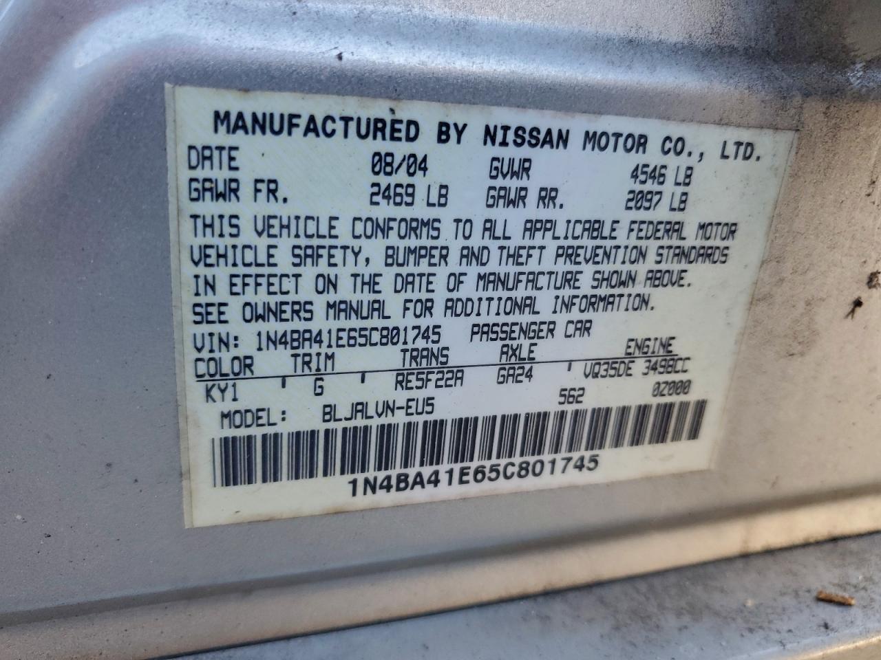 2005 Nissan Maxima Se Silver vin: 1N4BA41E65C801745