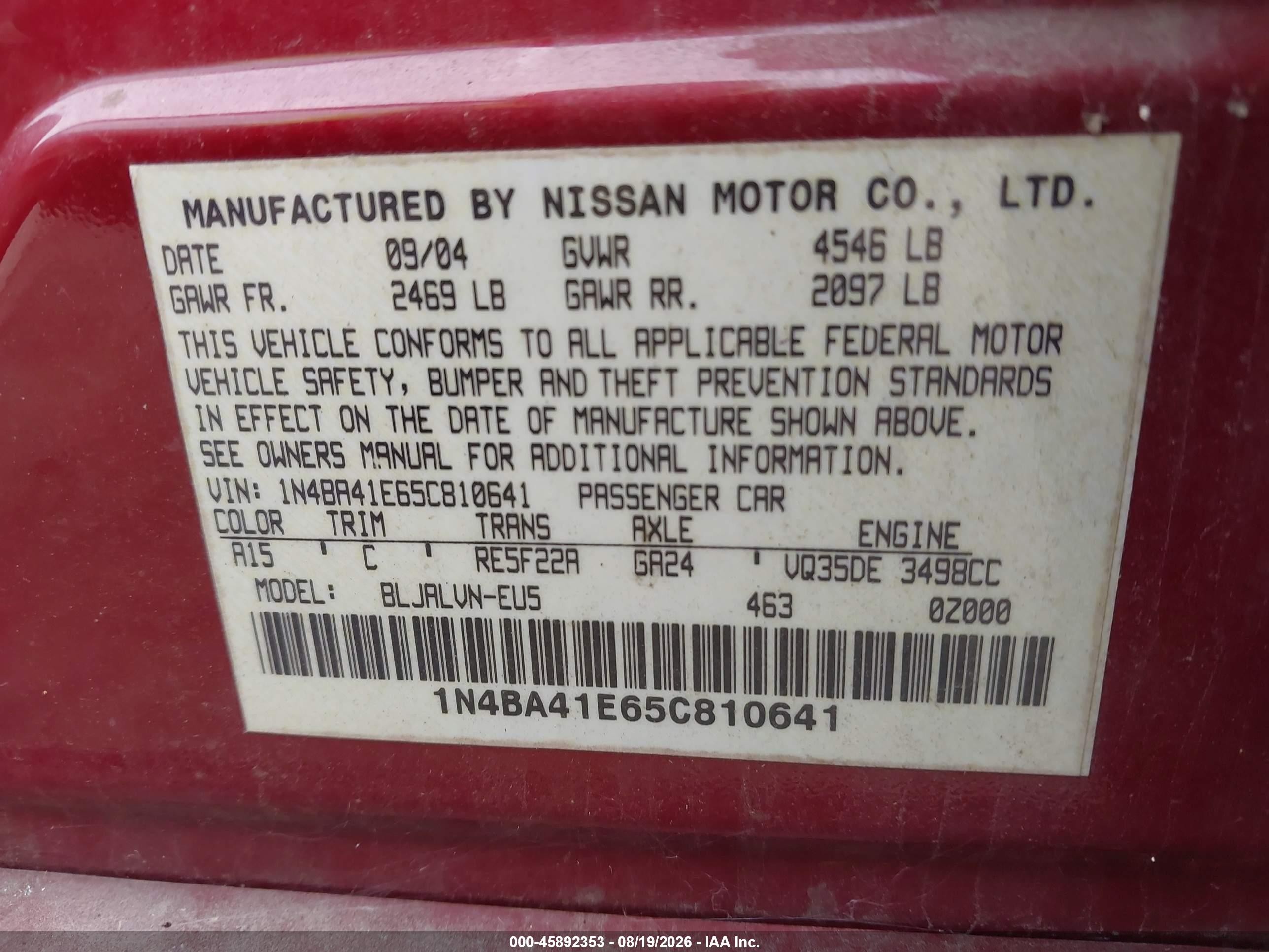 2005 Nissan Maxima 3.5 Sl Red vin: 1N4BA41E65C810641