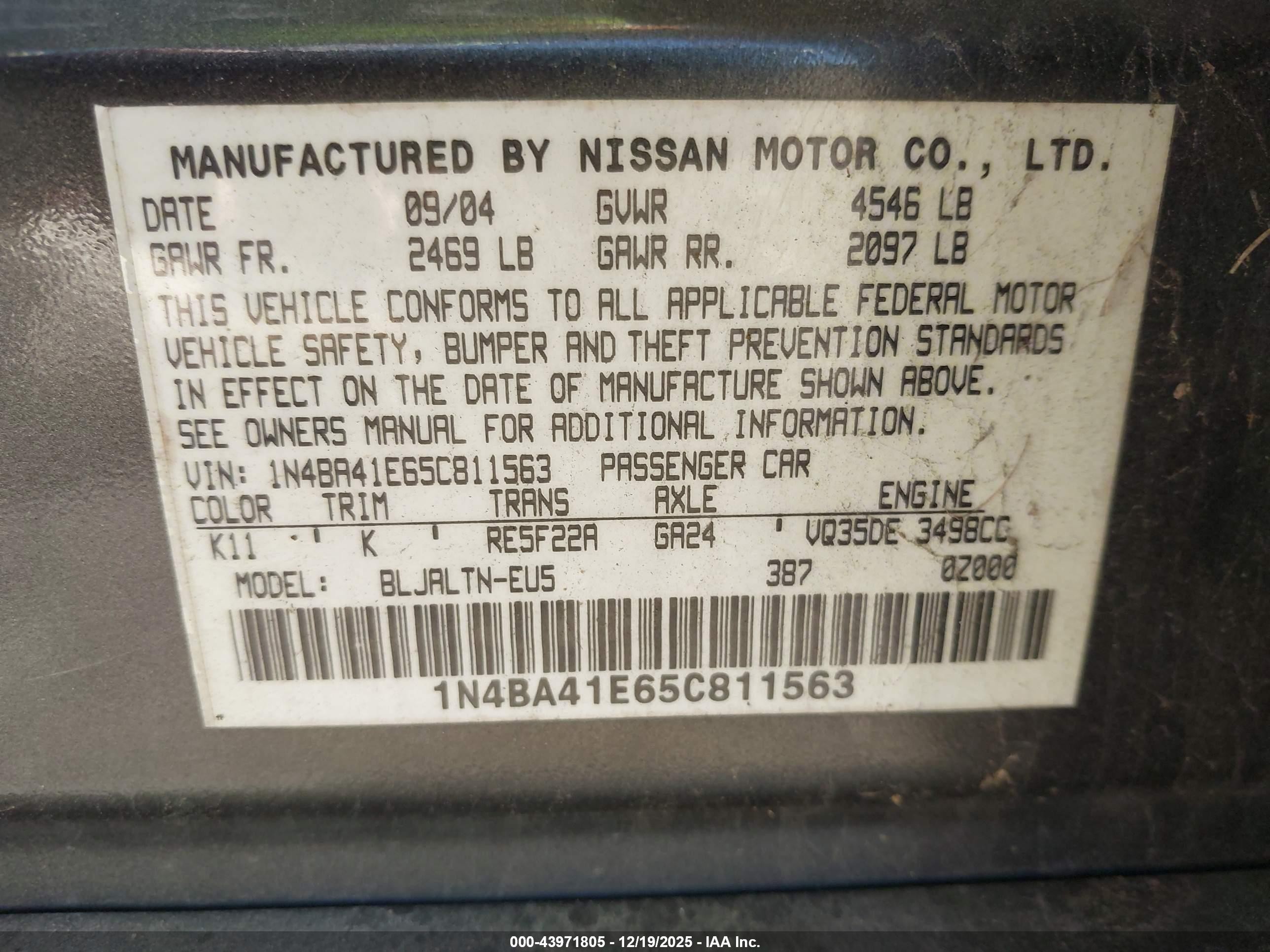 2005 Nissan Maxima 3.5 Se Gray vin: 1N4BA41E65C811563