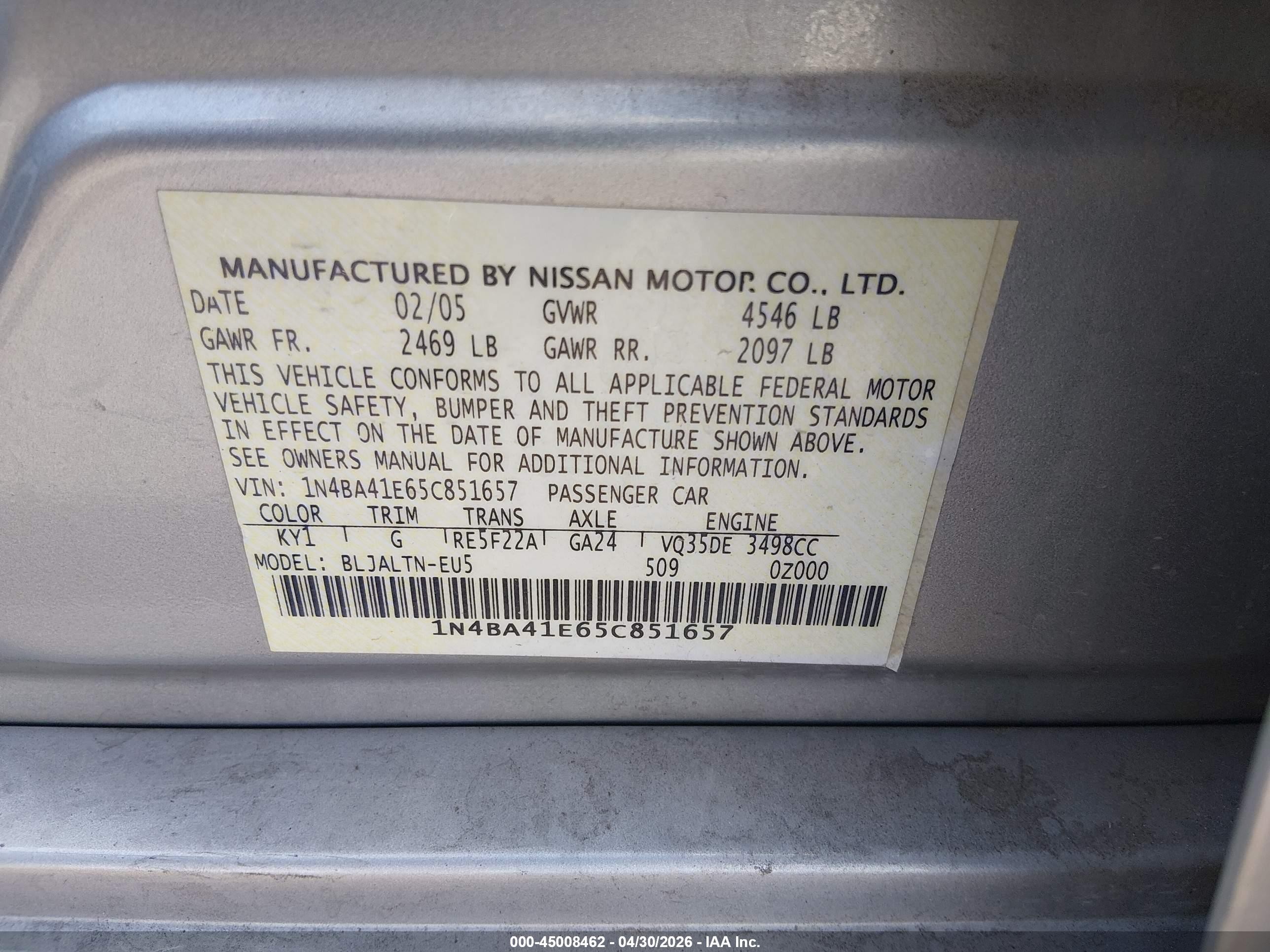 2005 Nissan Maxima 3.5 Se Серебряный vin: 1N4BA41E65C851657