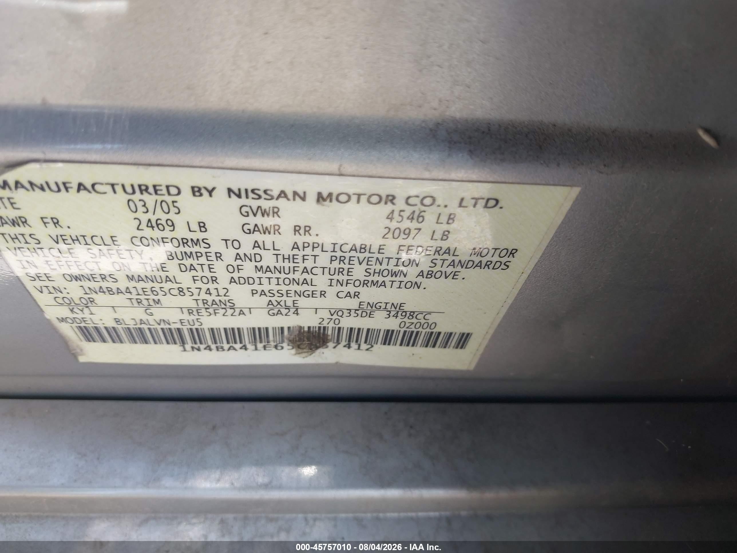 2005 Nissan Maxima 3.5 Sl Серебряный vin: 1N4BA41E65C857412