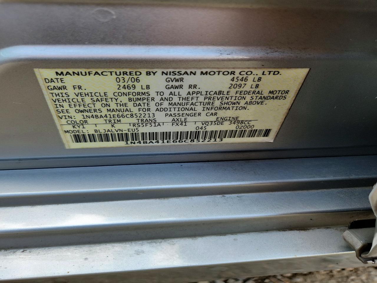 2006 Nissan Maxima 3.5 Se Silver vin: 1N4BA41E66C852213