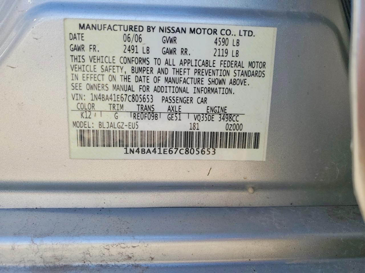 2007 Nissan Maxima 3.5 Se Silver vin: 1N4BA41E67C805653