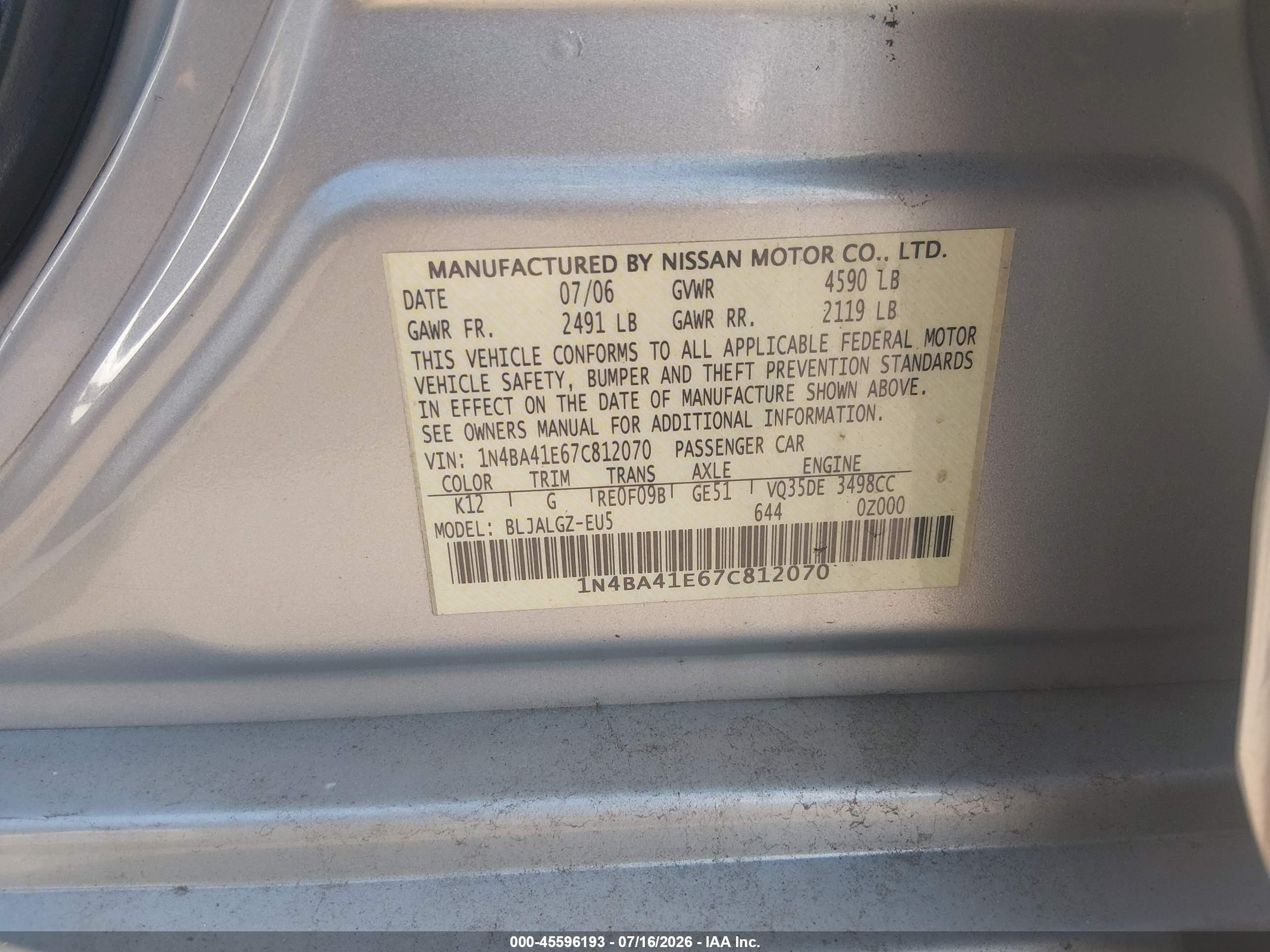 2007 Nissan Maxima 3.5 Sl Silver vin: 1N4BA41E67C812070