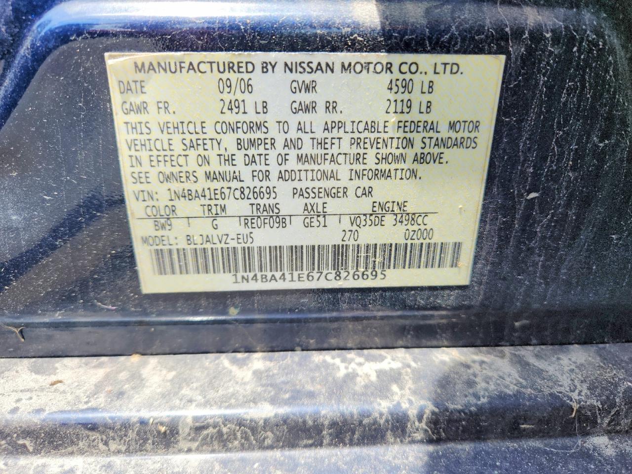 2007 Nissan Maxima 3.5 Se Blue vin: 1N4BA41E67C826695