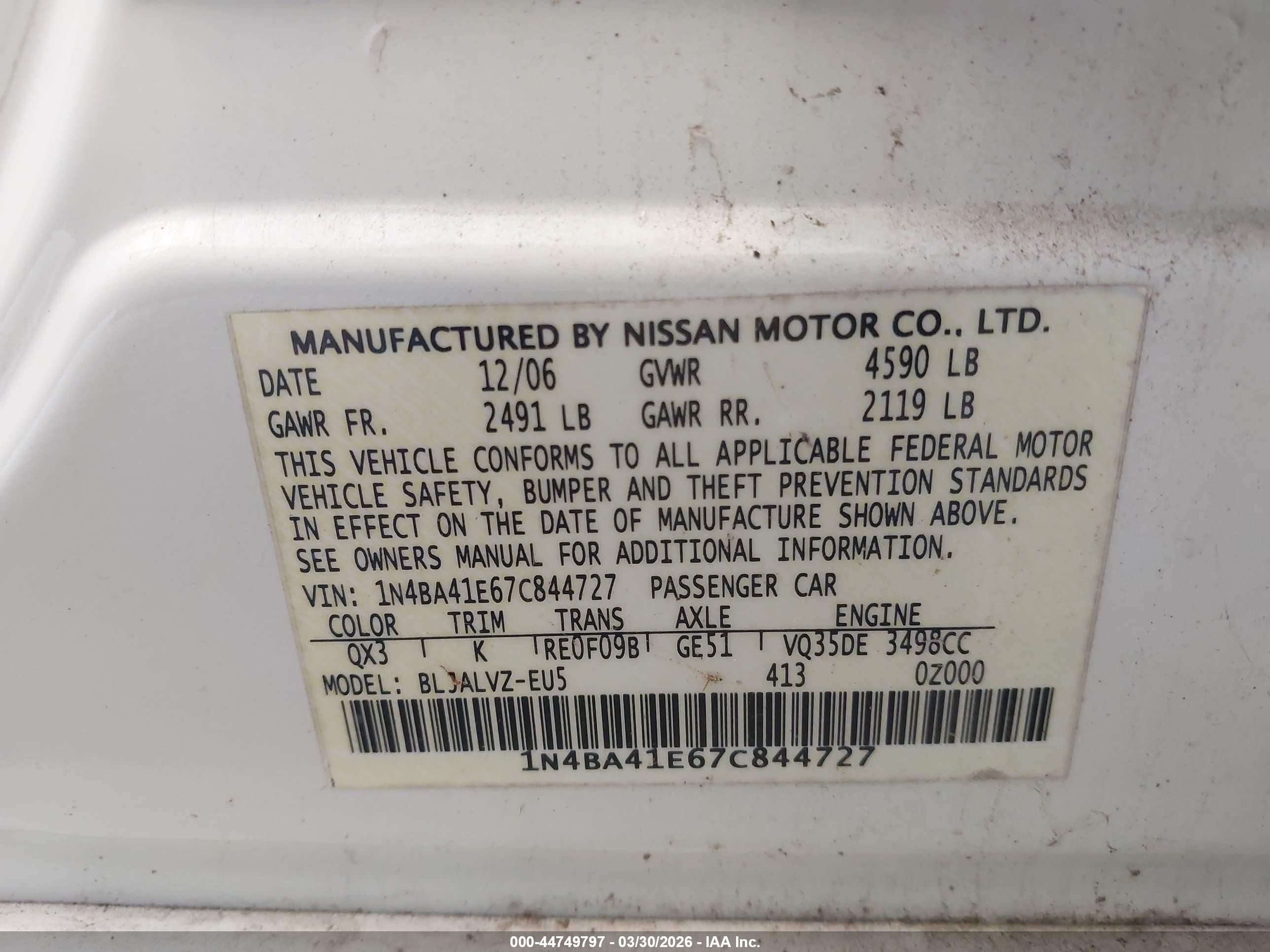 2007 Nissan Maxima 3.5 Se White vin: 1N4BA41E67C844727