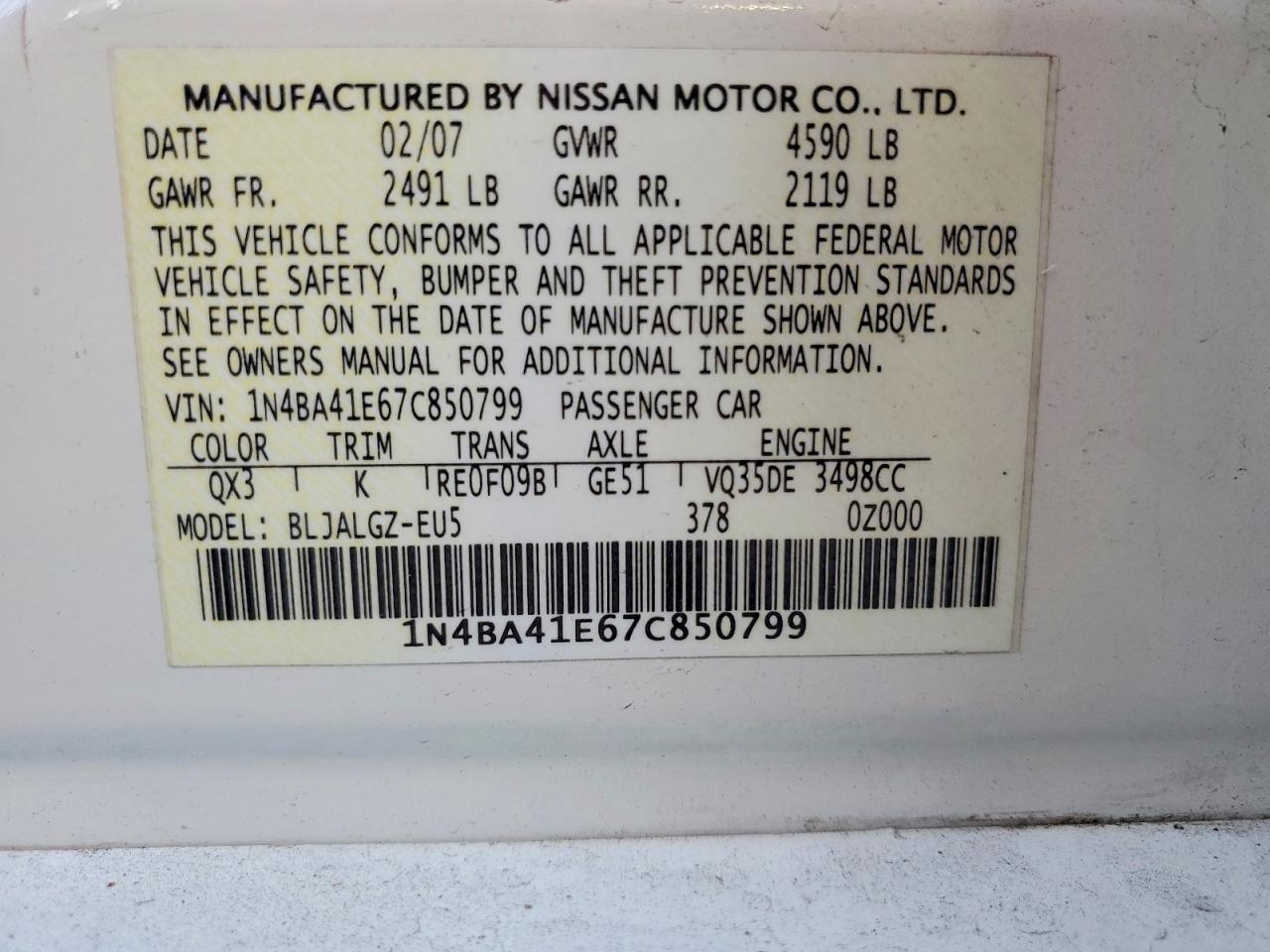 2007 Nissan Maxima 3.5 Se White vin: 1N4BA41E67C850799