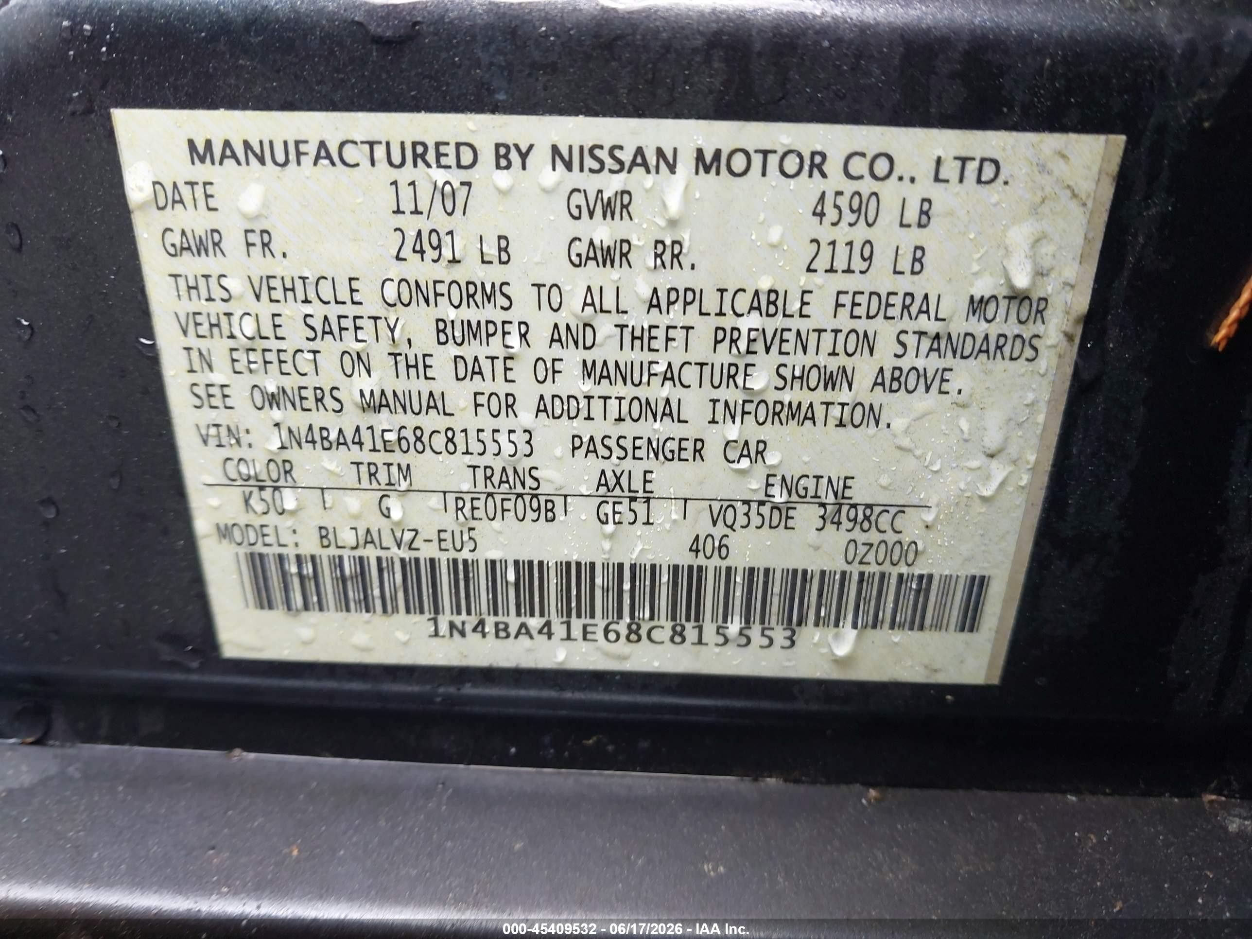 2008 Nissan Maxima 3.5 Se Gray vin: 1N4BA41E68C815553