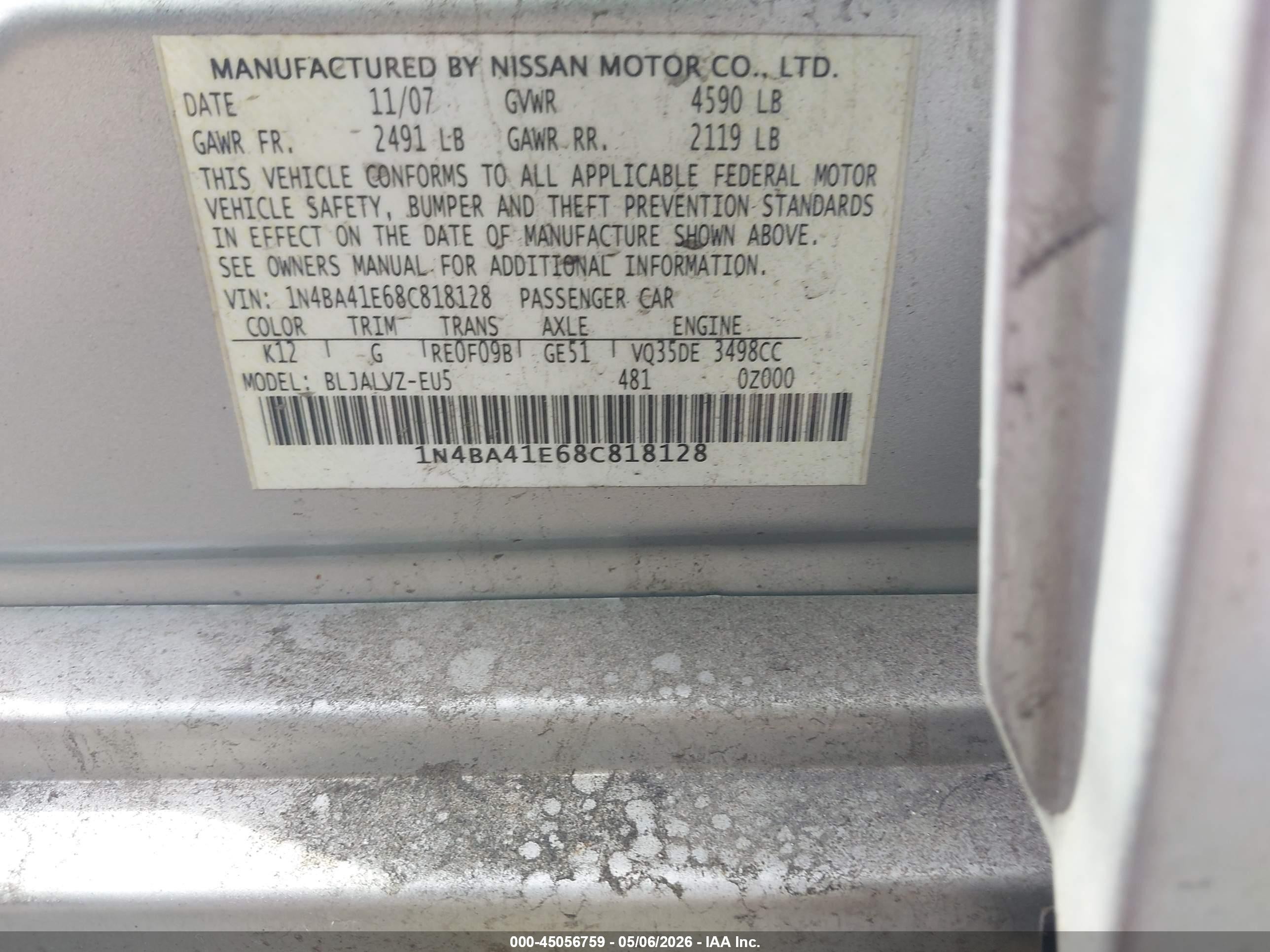 2008 Nissan Maxima 3.5 Se Gray vin: 1N4BA41E68C818128