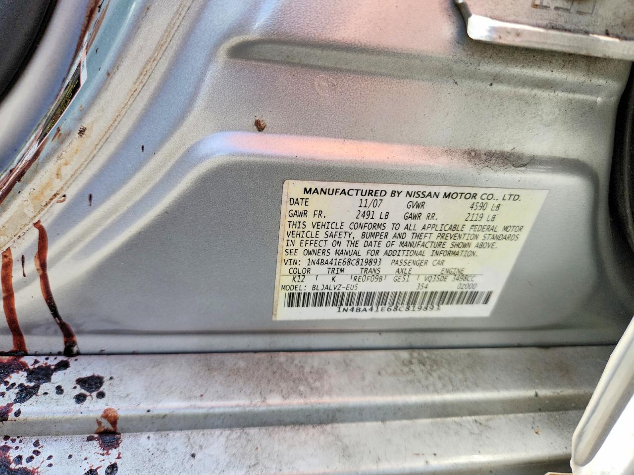 2008 Nissan Maxima 3.5 Se Silver vin: 1N4BA41E68C819893
