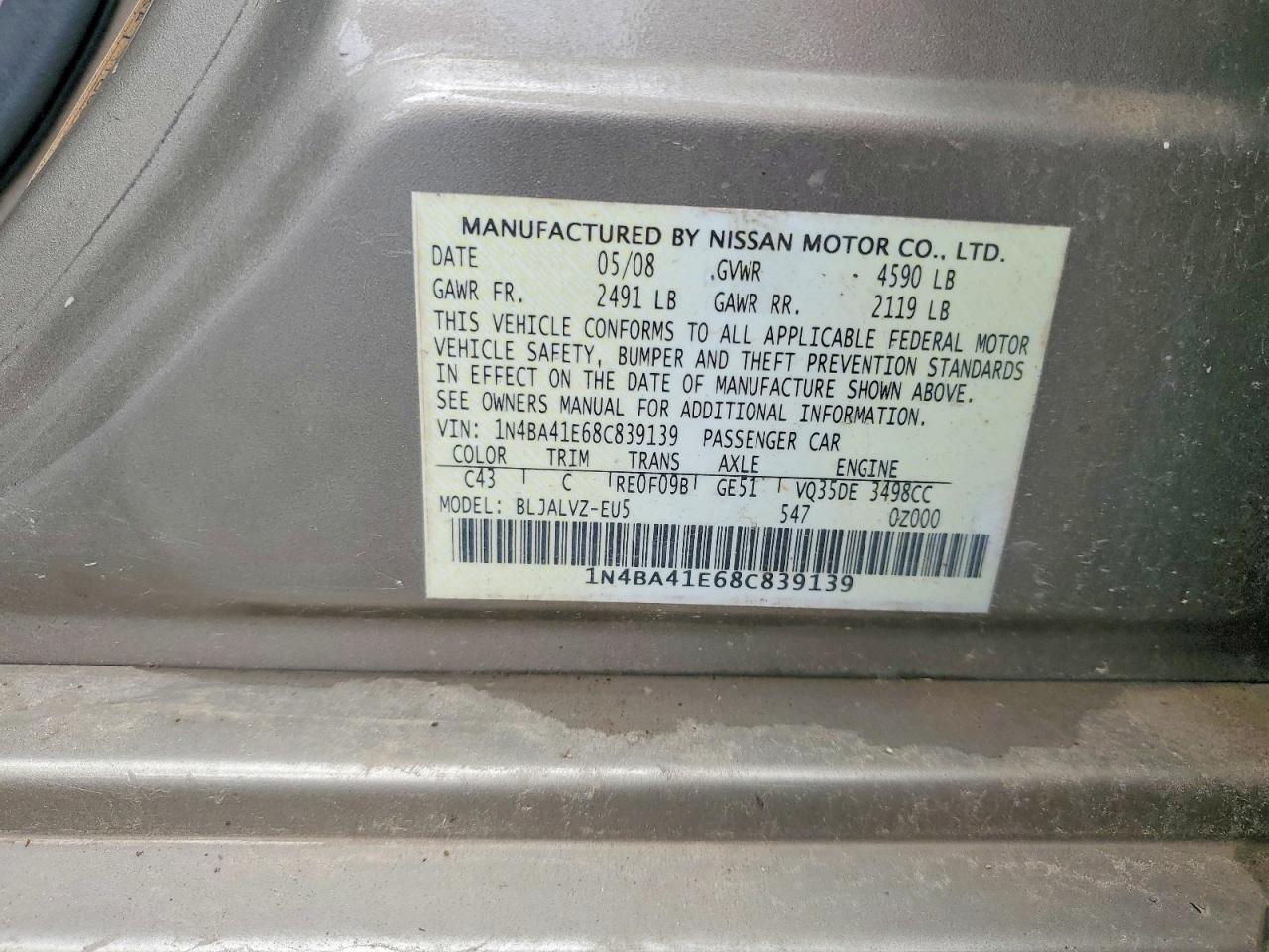 2008 Nissan Maxima Tan vin: 1N4BA41E68C839139