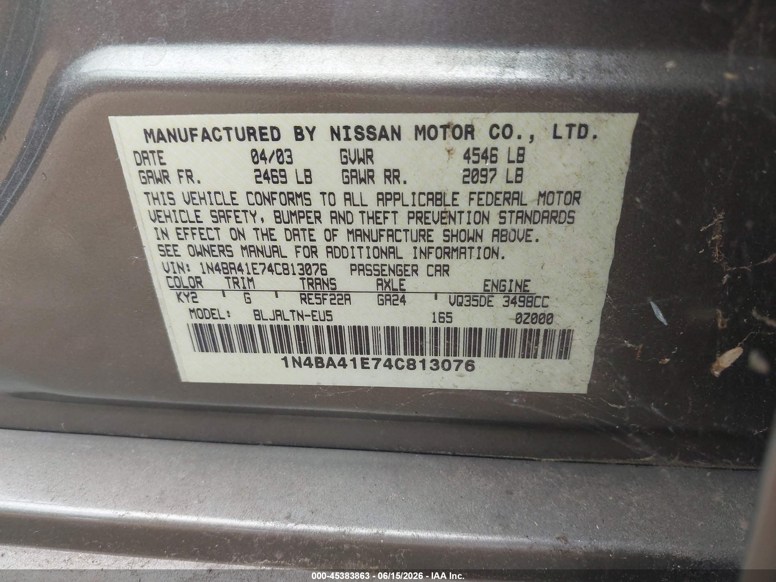 2004 Nissan Maxima 3.5 Se Золотой vin: 1N4BA41E74C813076