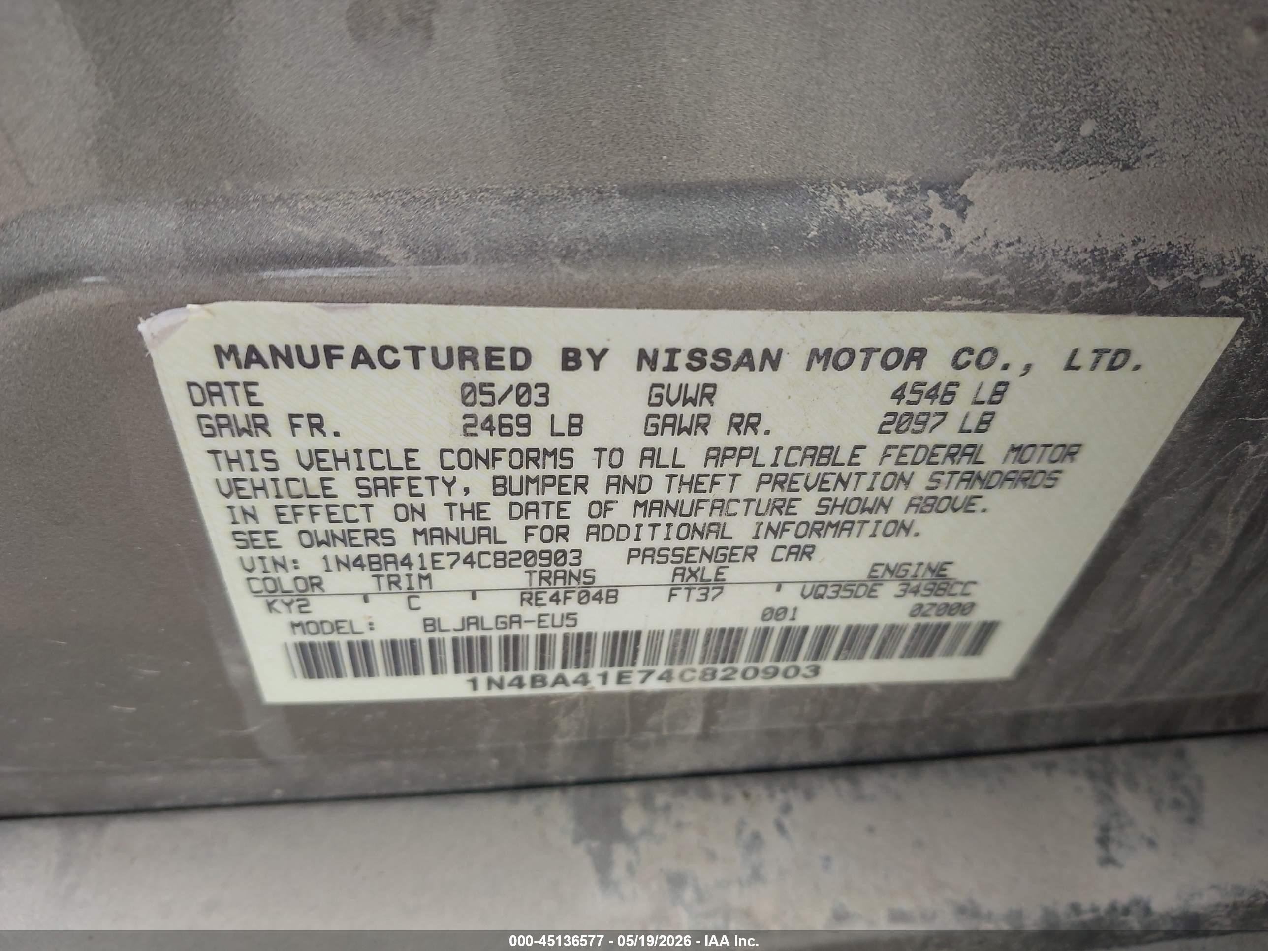 2004 Nissan Maxima 3.5 Sl Gray vin: 1N4BA41E74C820903