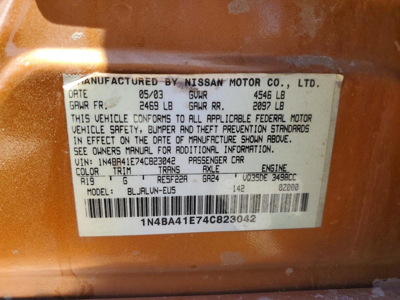 2004 Nissan Maxima Se/sl Orange vin: 1N4BA41E74C823042