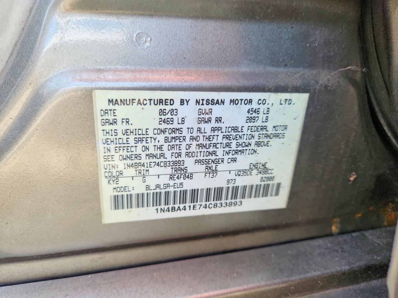 2004 Nissan Maxima 3.5 Se Серый vin: 1N4BA41E74C833893