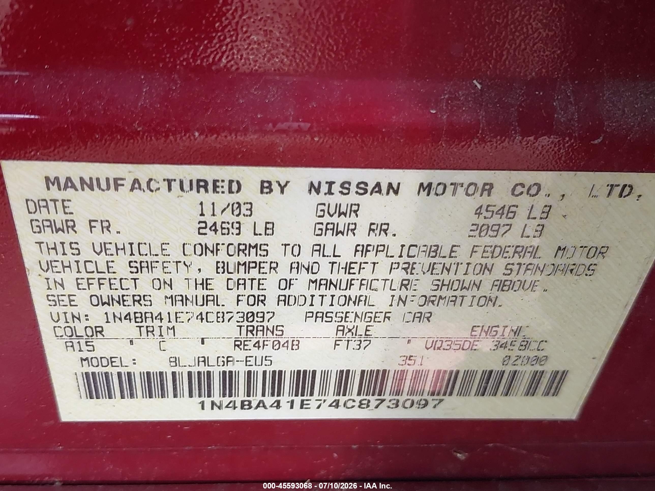 2004 Nissan Maxima 3.5 Sl Red vin: 1N4BA41E74C873097
