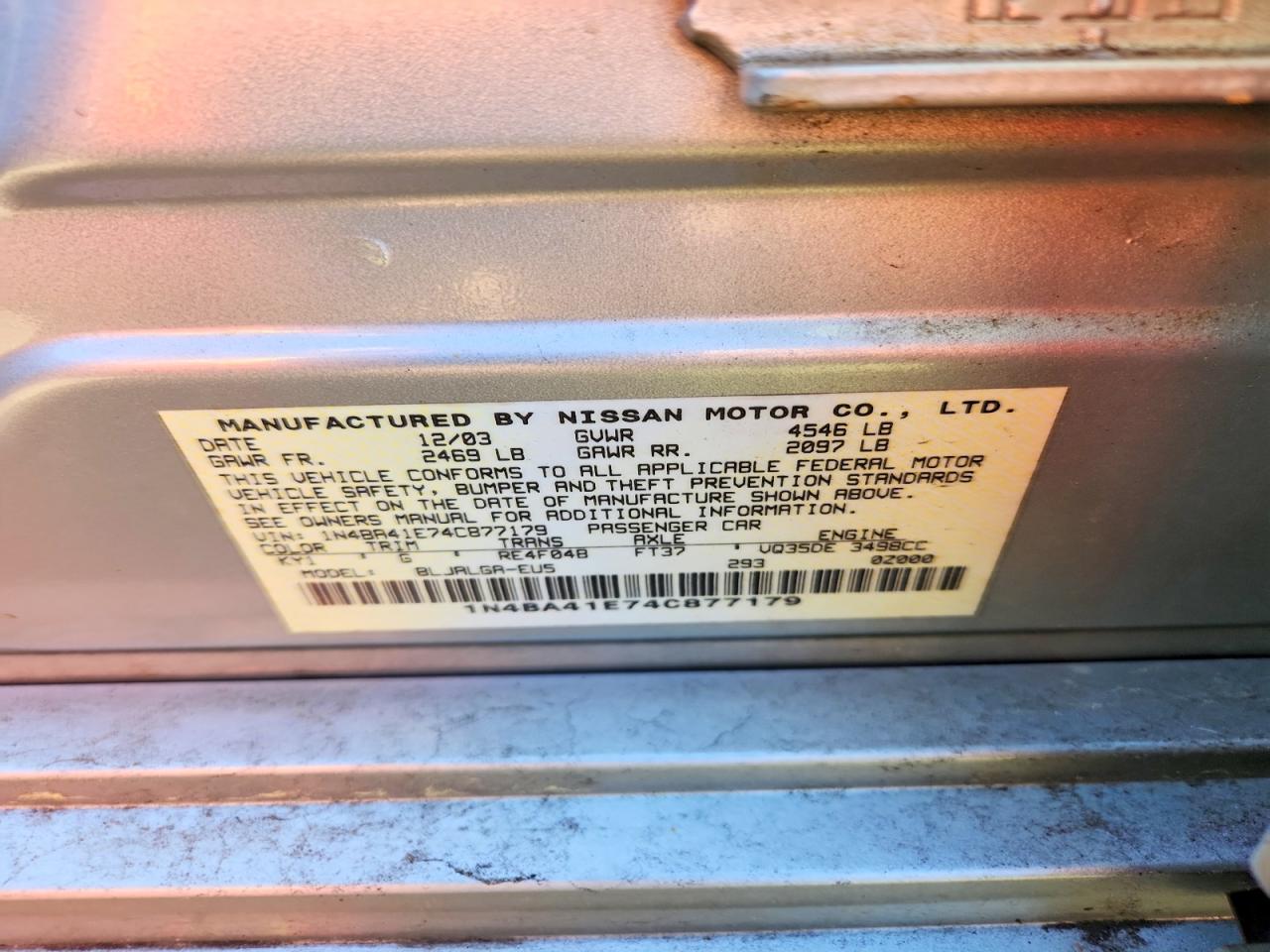 2004 Nissan Maxima 3.5 Se Silver vin: 1N4BA41E74C877179