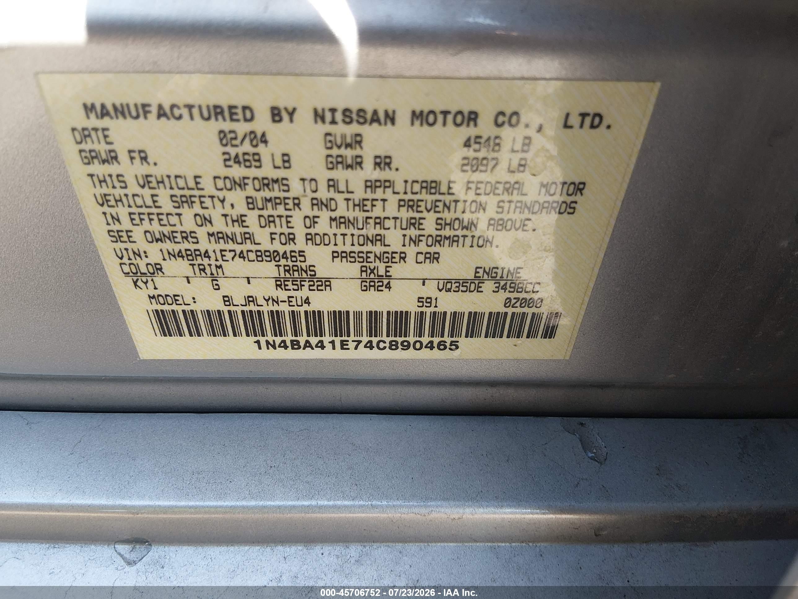 2004 Nissan Maxima 3.5 Se Silver vin: 1N4BA41E74C890465