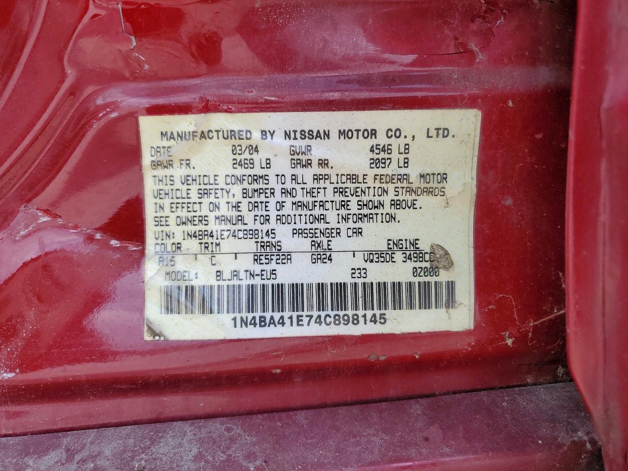 2004 Nissan Maxima Red vin: 1N4BA41E74C898145