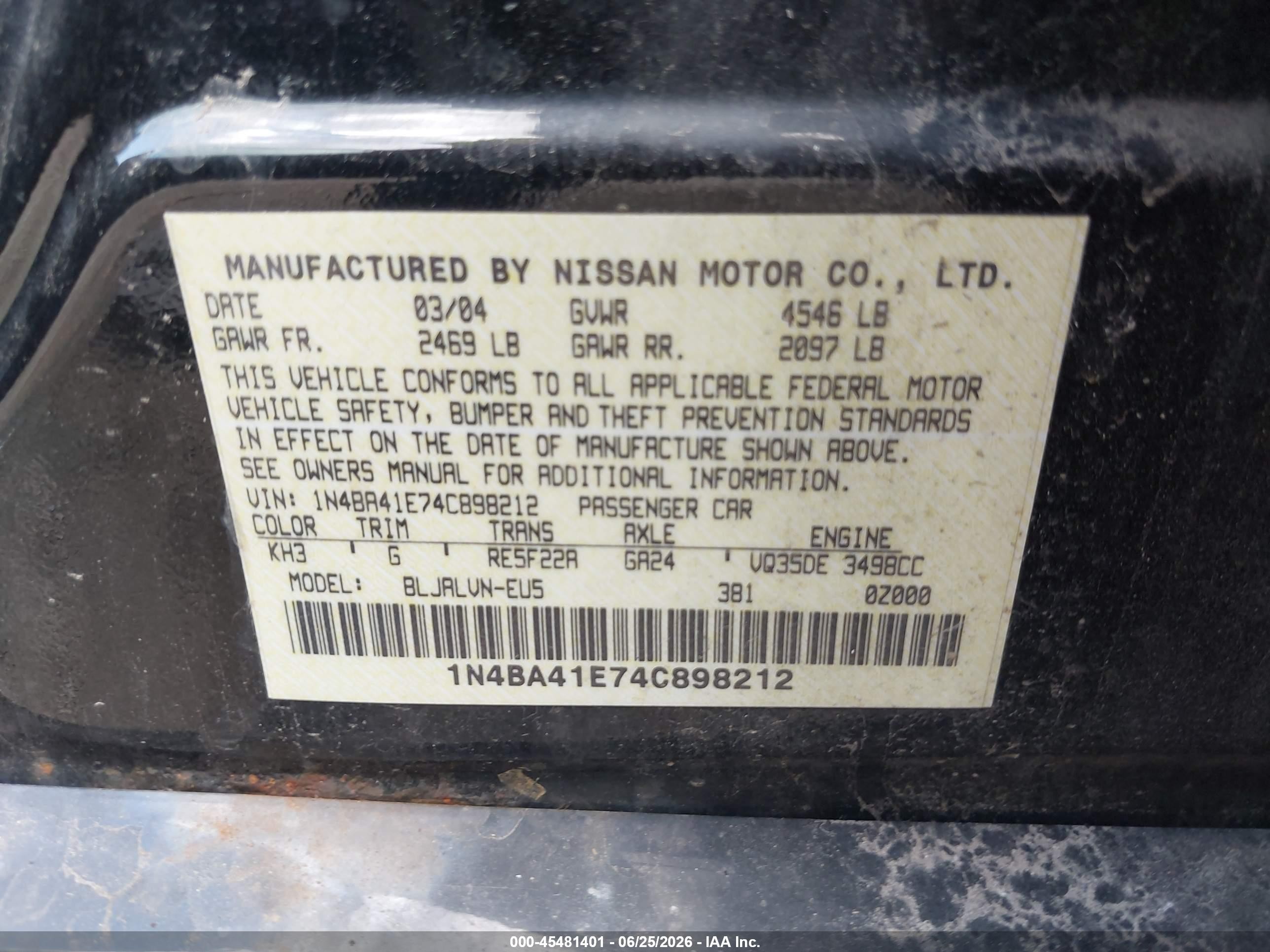 2004 Nissan Maxima 3.5 Se Black vin: 1N4BA41E74C898212