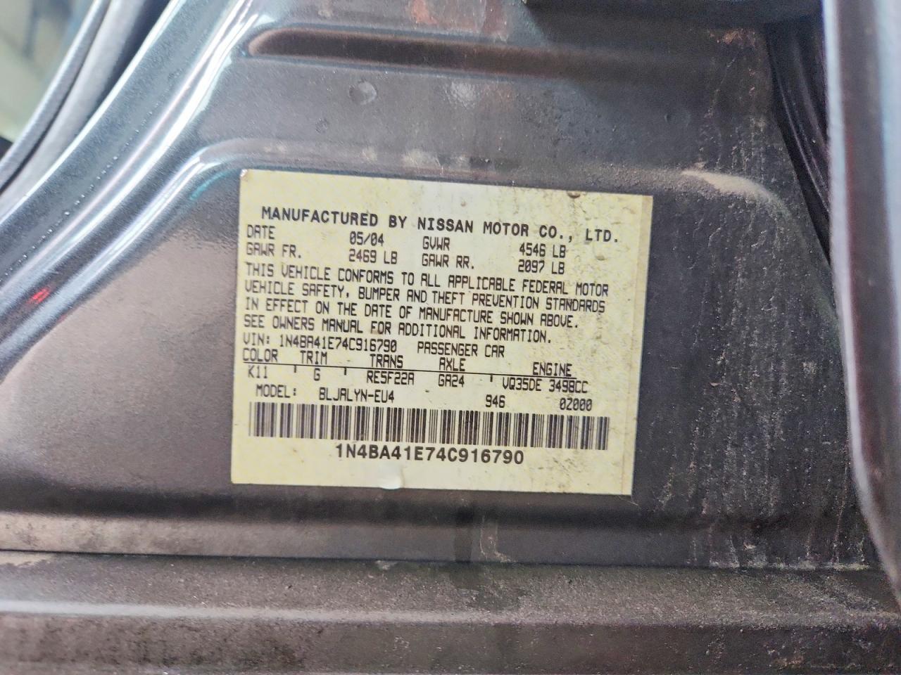 2004 Nissan Maxima Se/sl Gray vin: 1N4BA41E74C916790