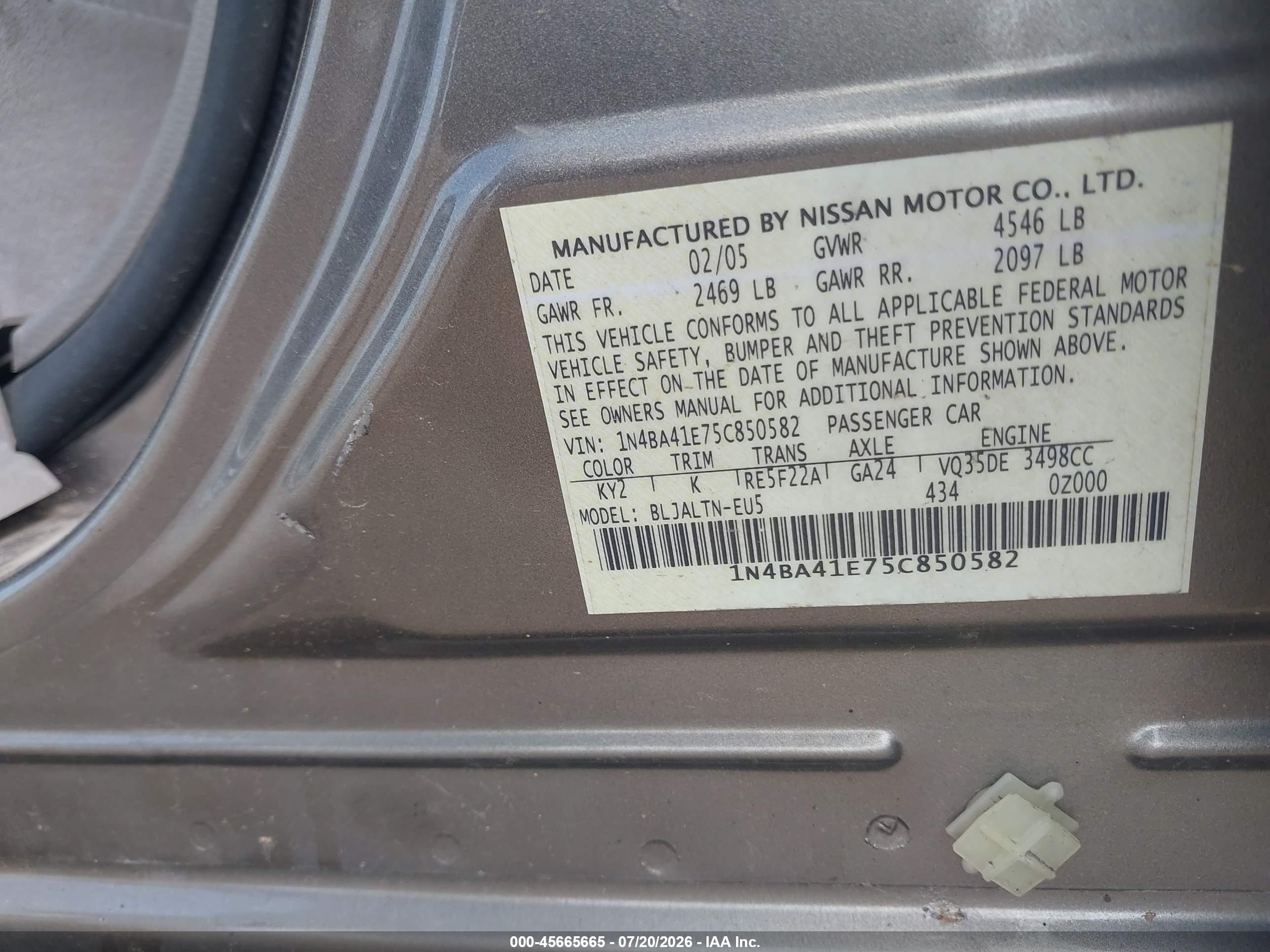 2005 Nissan Maxima 3.5 Se Gray vin: 1N4BA41E75C850582