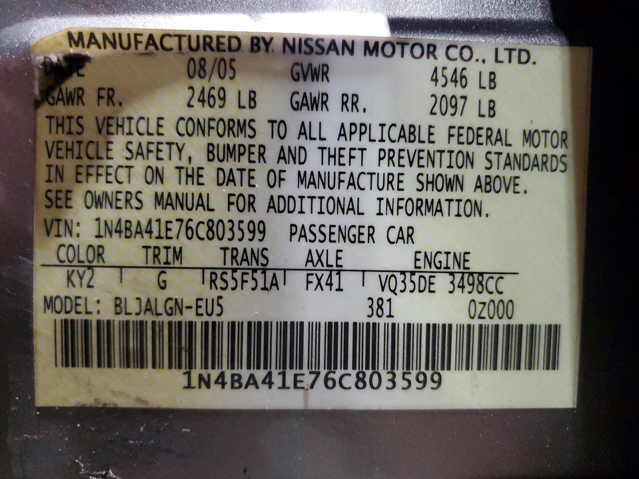2006 Nissan Maxima Gray vin: 1N4BA41E76C803599