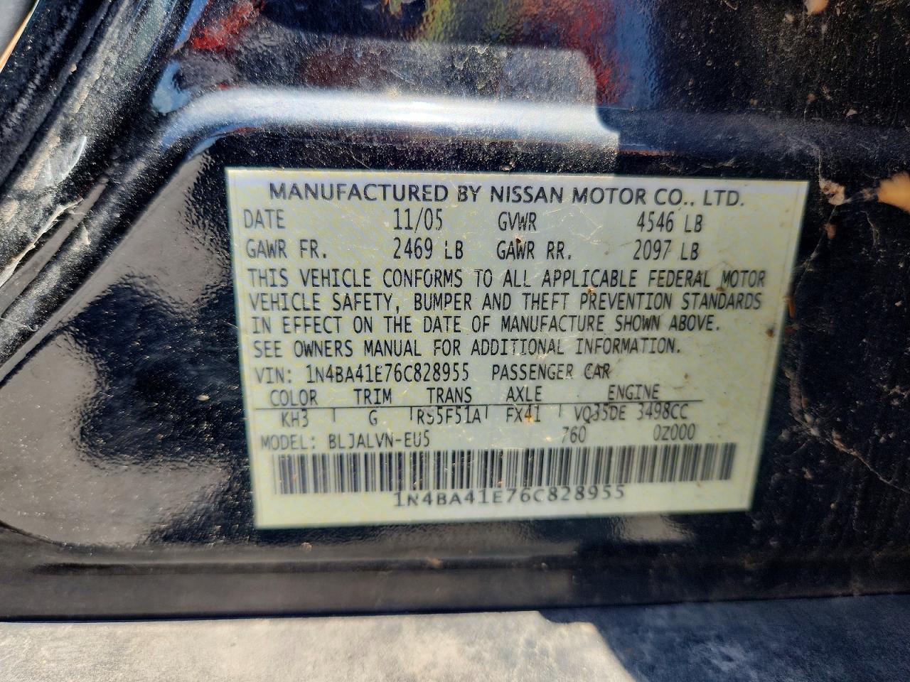 2006 Nissan Maxima 3.5 Se Black vin: 1N4BA41E76C828955