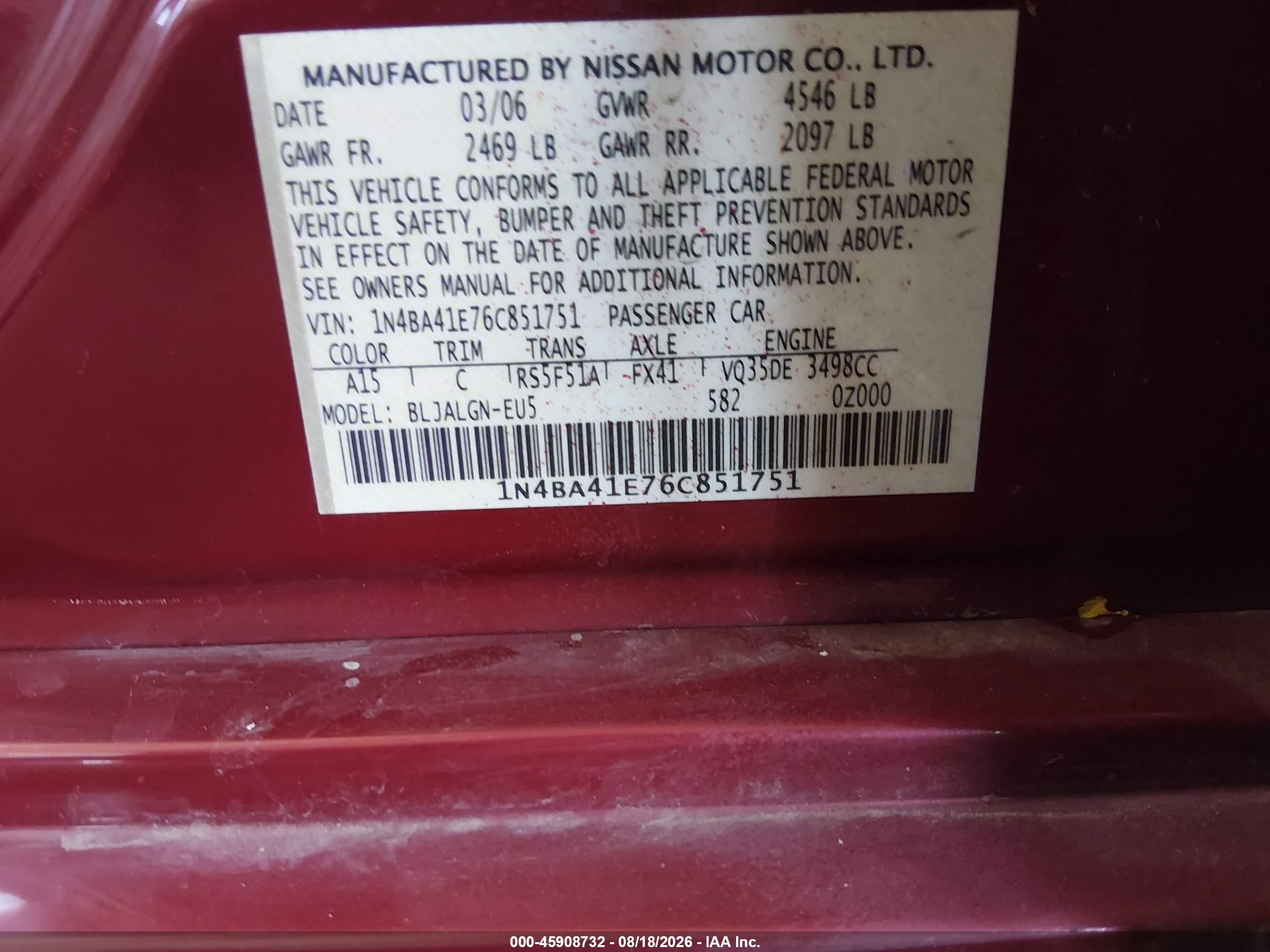2006 Nissan Maxima 3.5 Sl Red vin: 1N4BA41E76C851751