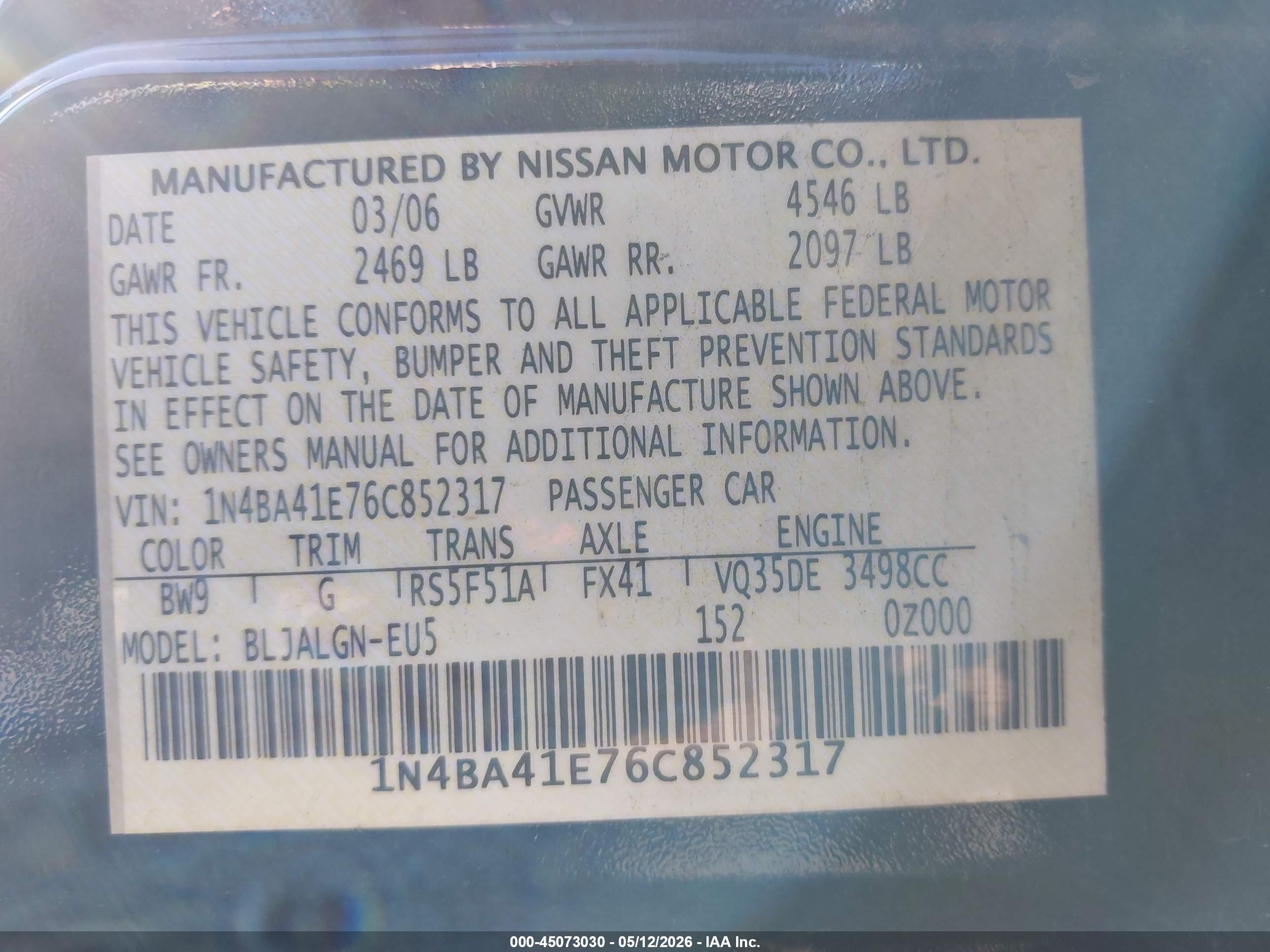 2006 Nissan Maxima 3.5 Sl Blue vin: 1N4BA41E76C852317