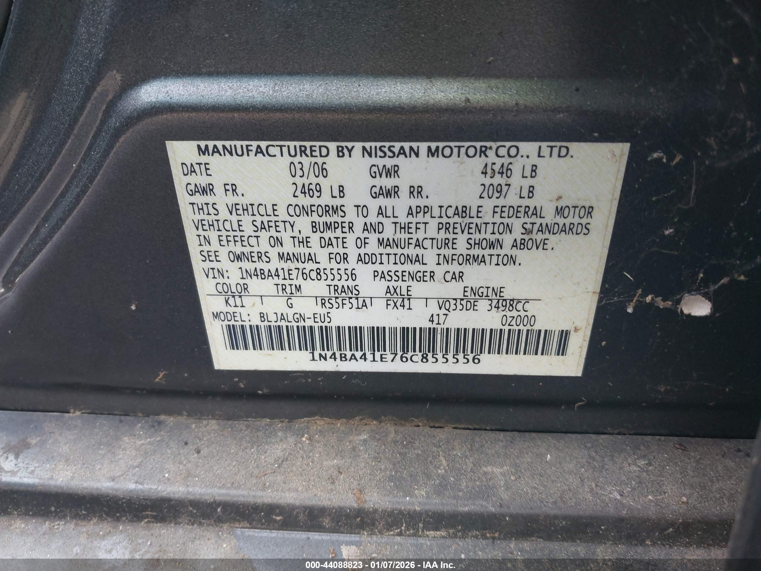 2006 Nissan Maxima 3.5 Sl Gray vin: 1N4BA41E76C855556