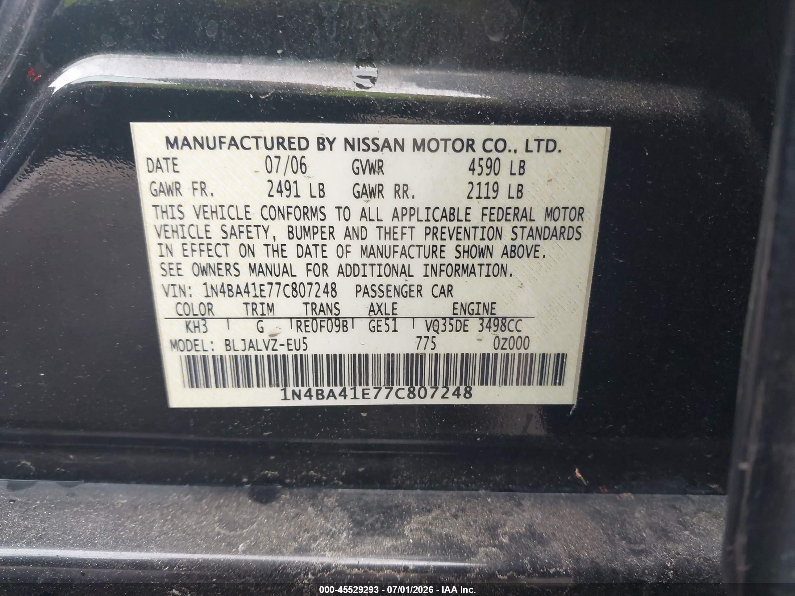 2007 Nissan Maxima 3.5 Se Black vin: 1N4BA41E77C807248