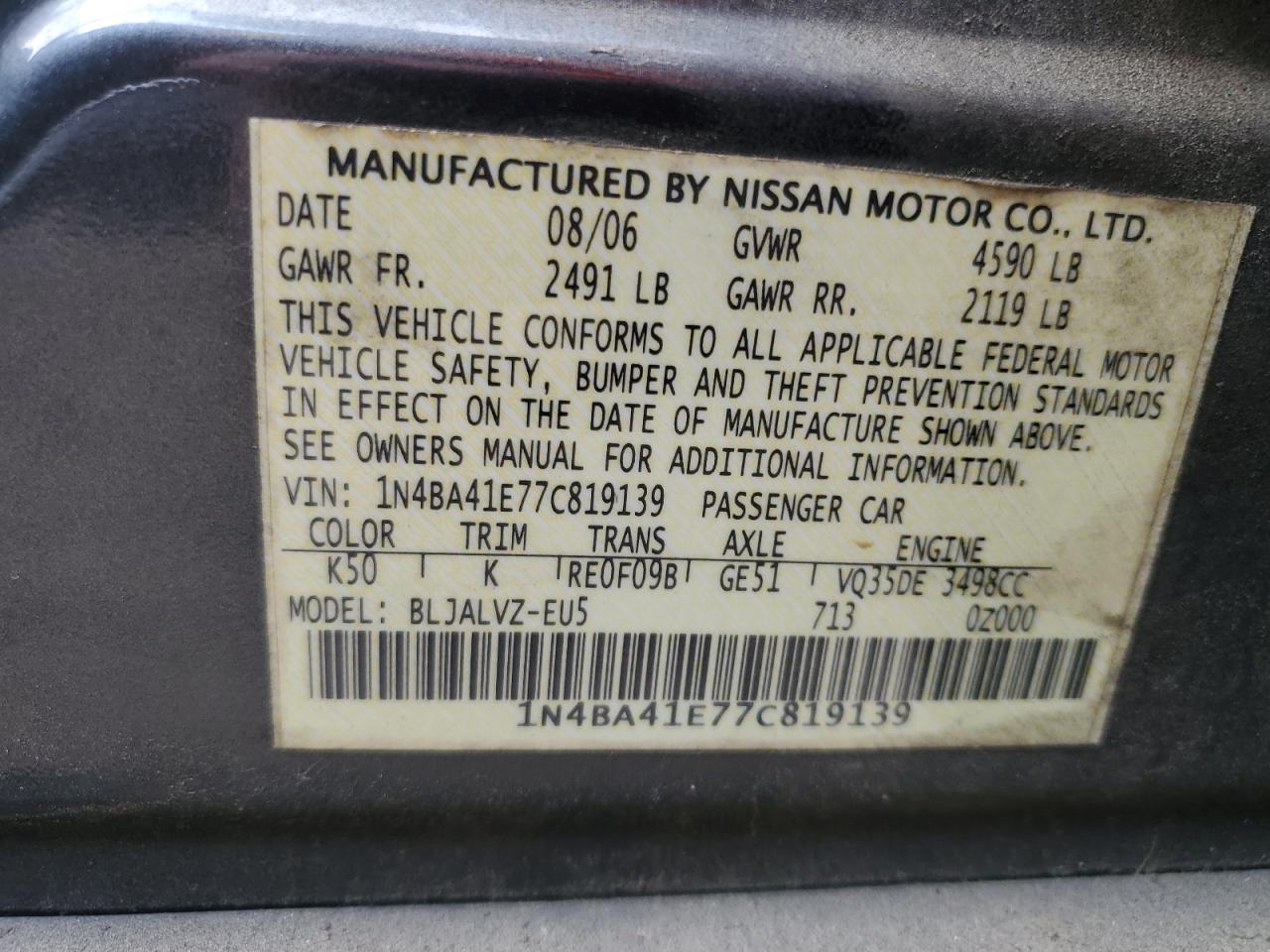 2007 Nissan Maxima Blue vin: 1N4BA41E77C819139