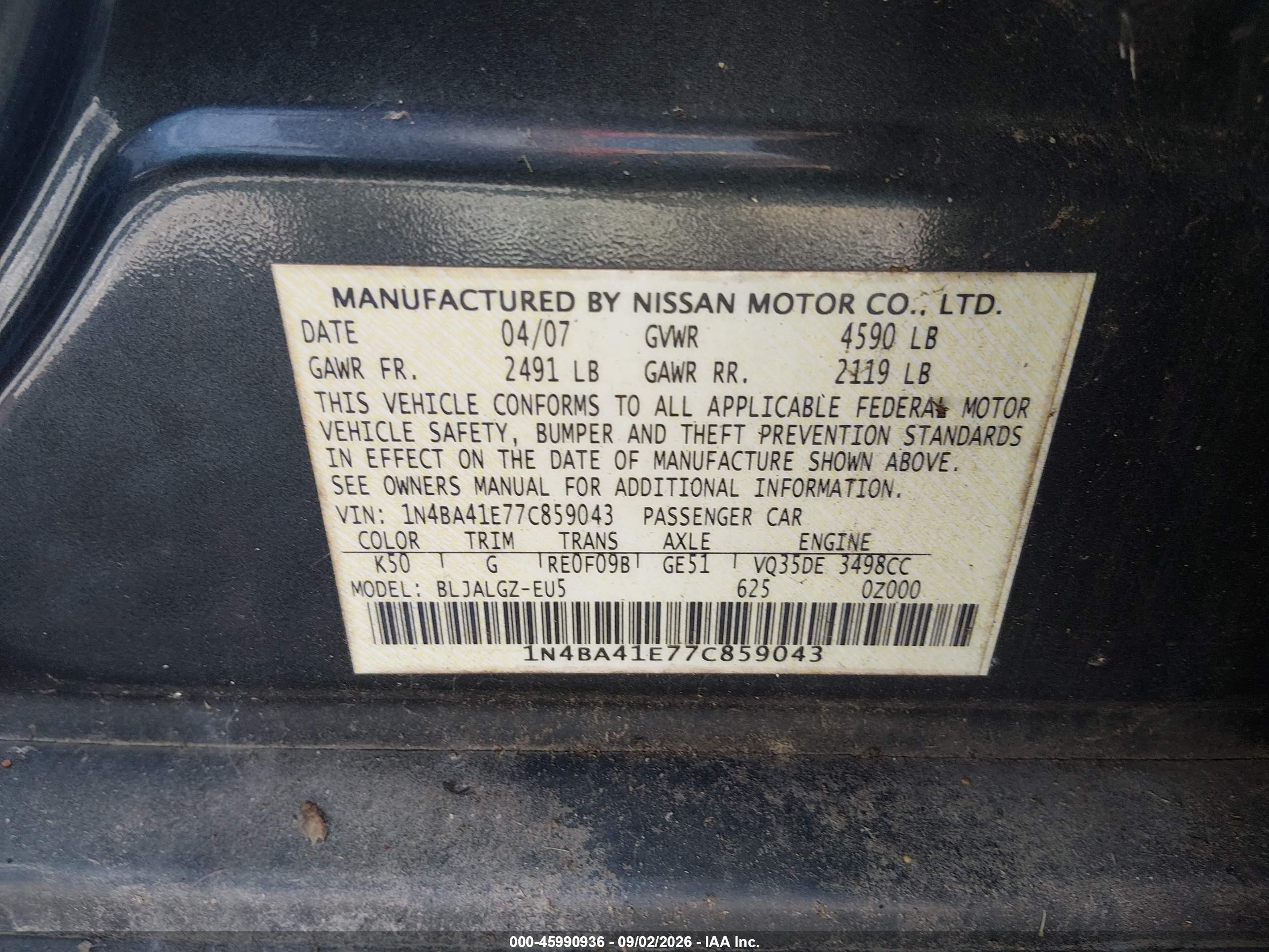 2007 Nissan Maxima 3.5 Sl Gray vin: 1N4BA41E77C859043