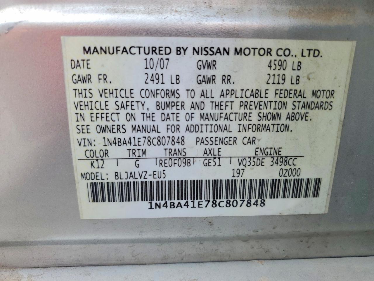2008 Nissan Maxima 3.5 Se Silver vin: 1N4BA41E78C807848