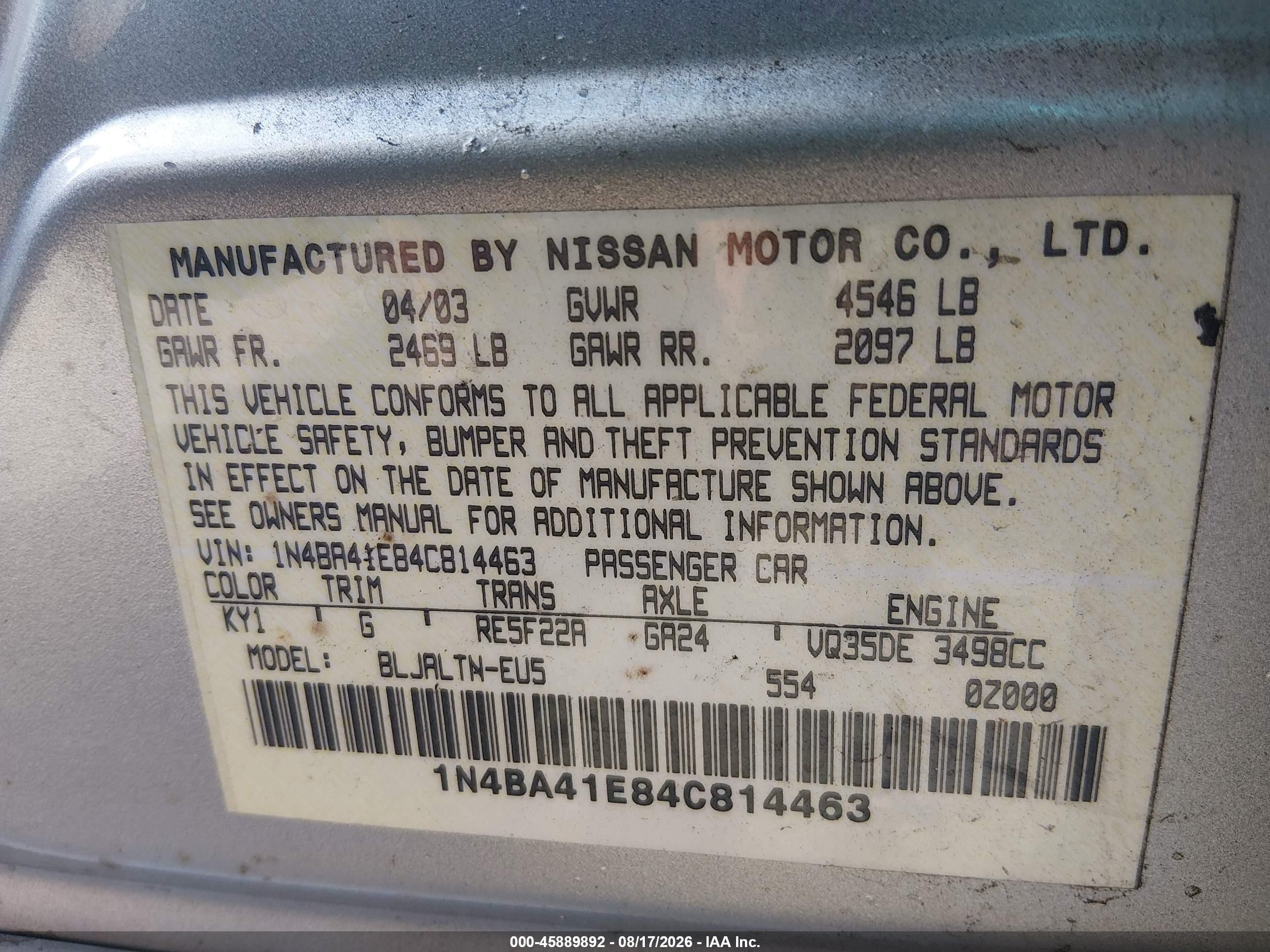 2004 Nissan Maxima 3.5 Se Серебряный vin: 1N4BA41E84C814463