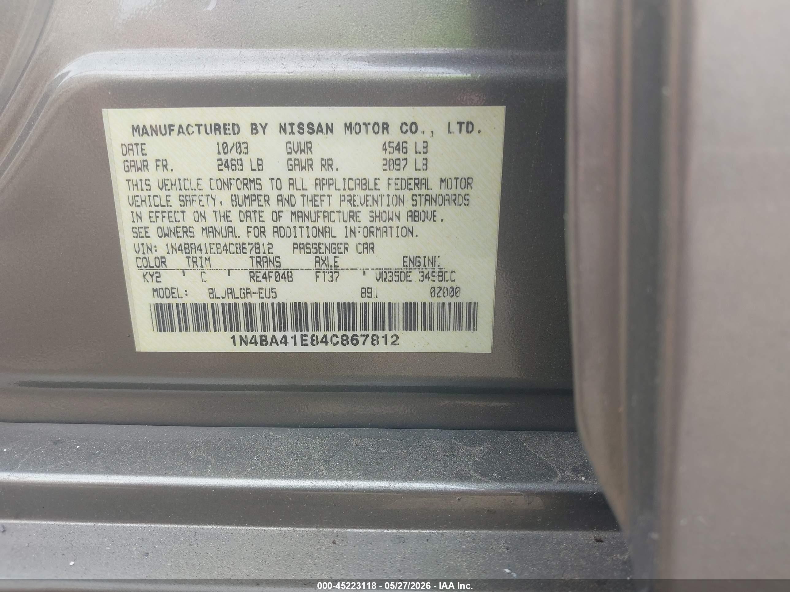 2004 Nissan Maxima 3.5 Sl Brown vin: 1N4BA41E84C867812