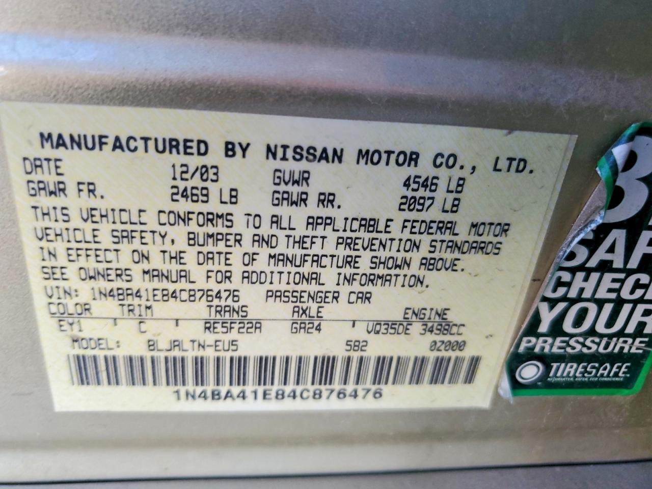 2004 Nissan Maxima 3.5 Se Gold vin: 1N4BA41E84C876476