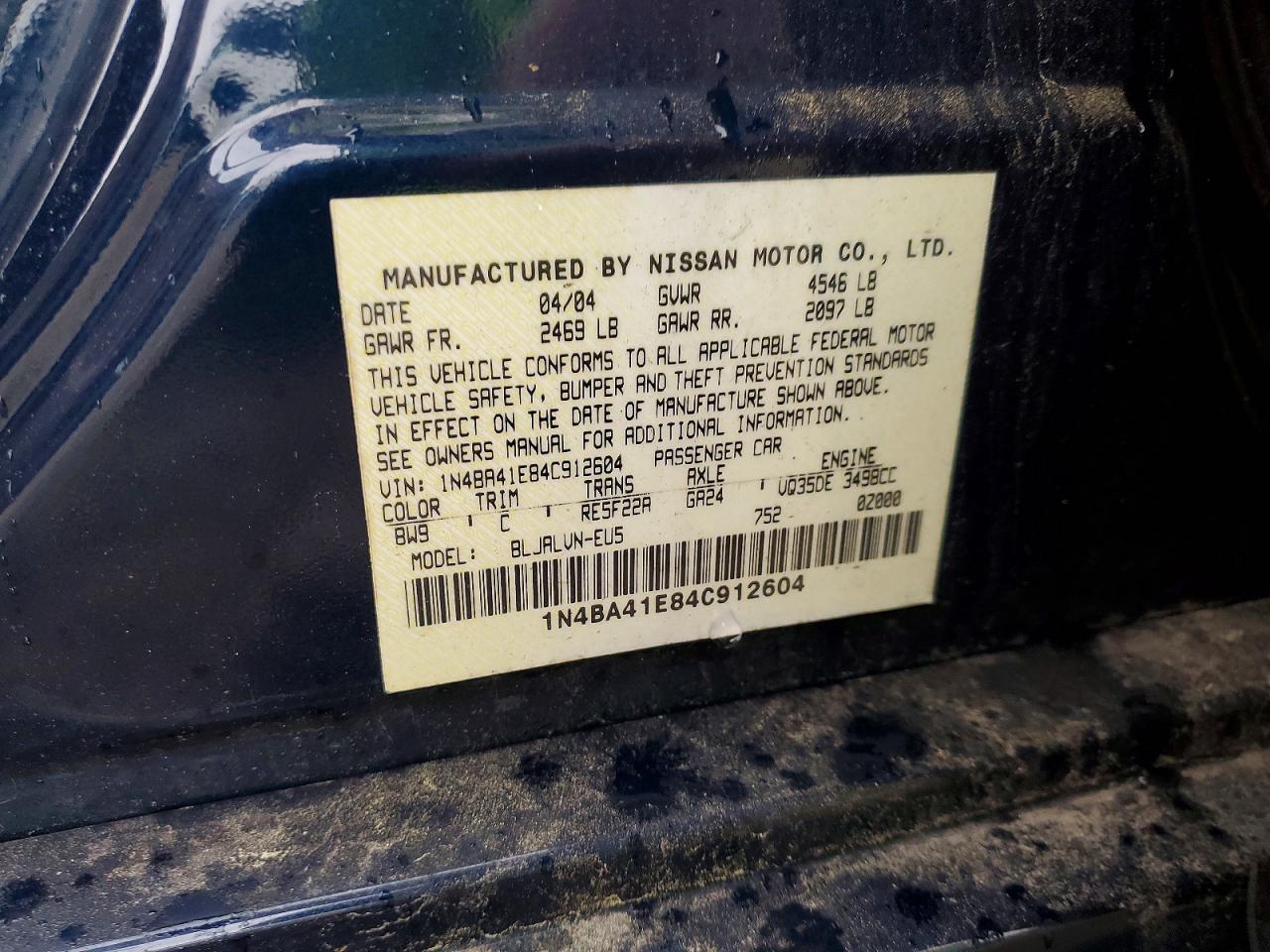 2004 Nissan Maxima 3.5 Se Blue vin: 1N4BA41E84C912604