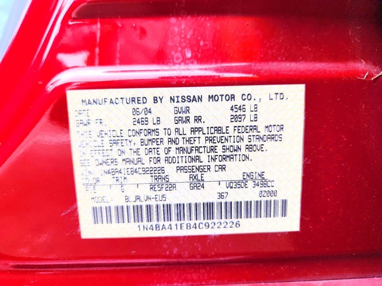 2004 Nissan Maxima 3.5 Se Red vin: 1N4BA41E84C922226