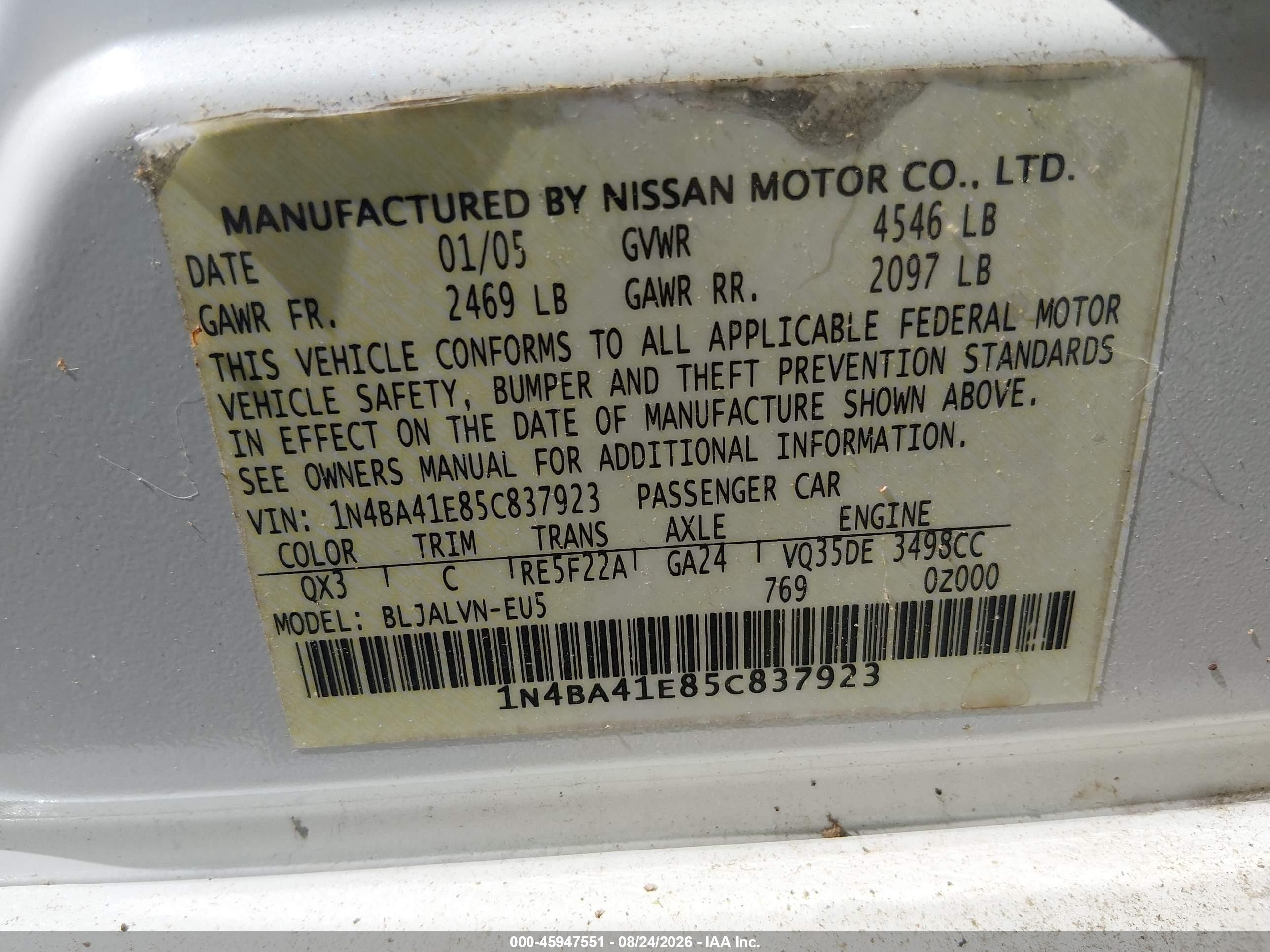 2005 Nissan Maxima 3.5 Sl White vin: 1N4BA41E85C837923