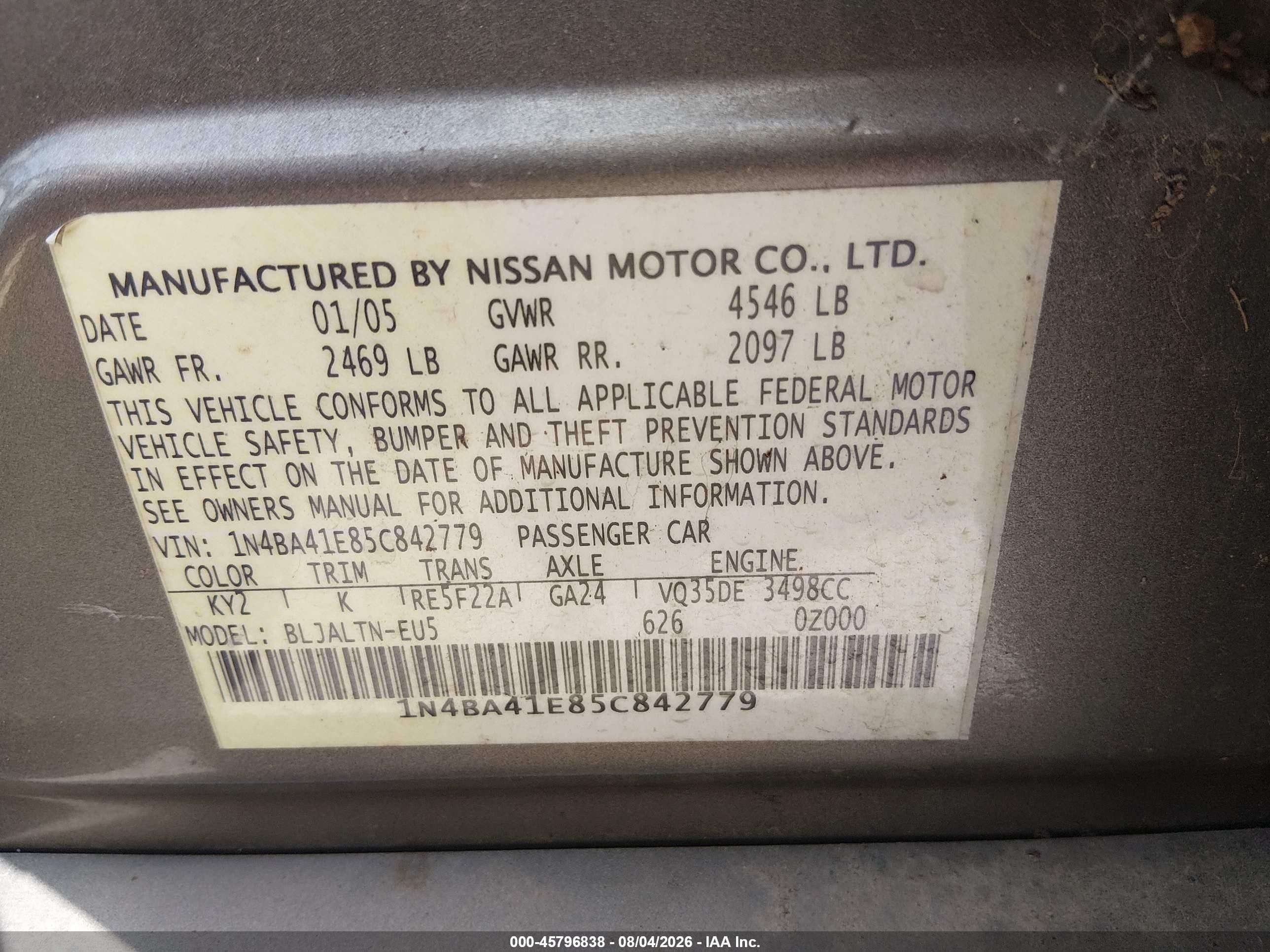2005 Nissan Maxima 3.5 Se Gray vin: 1N4BA41E85C842779