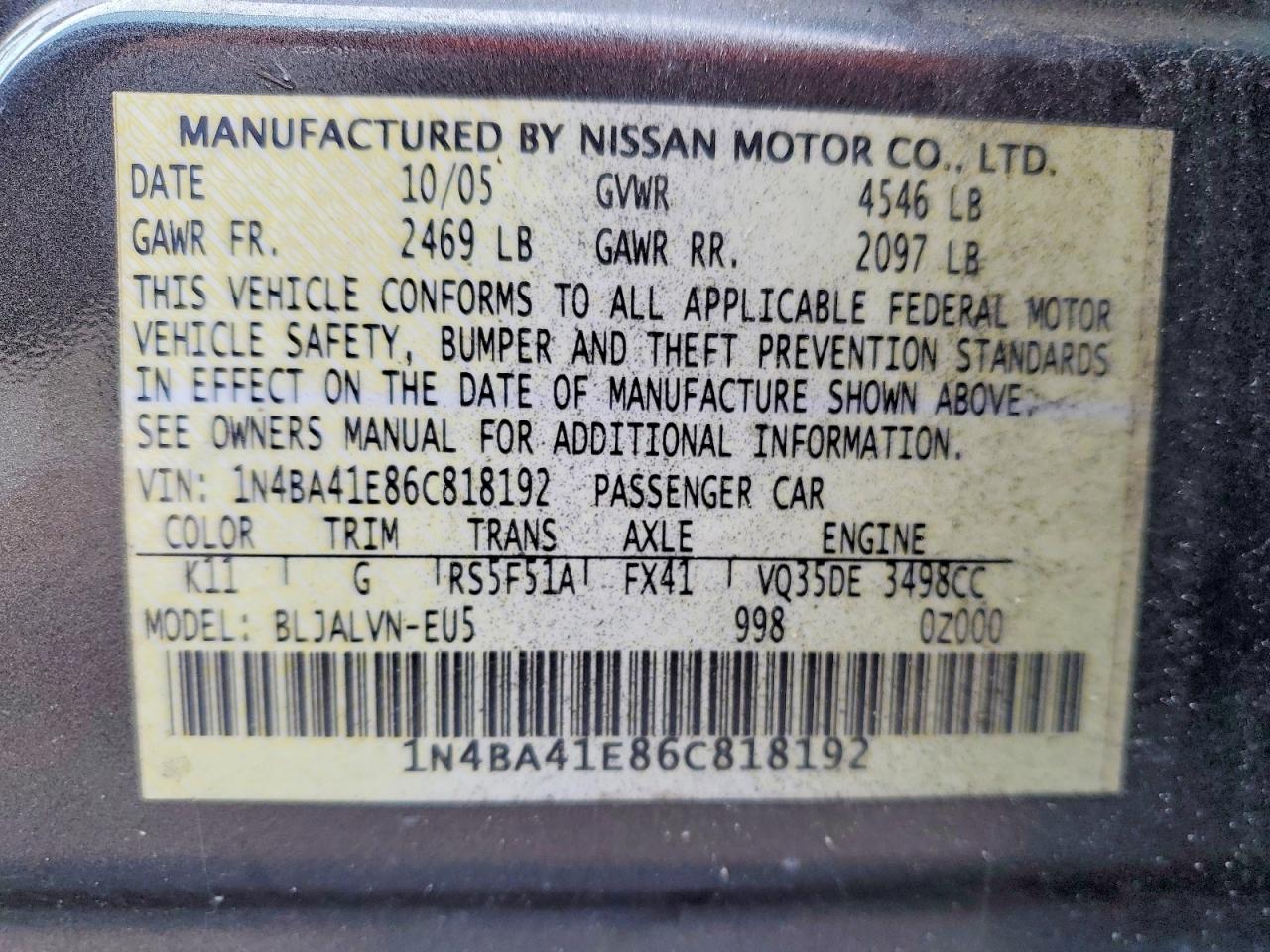 2006 Nissan Maxima Gray vin: 1N4BA41E86C818192